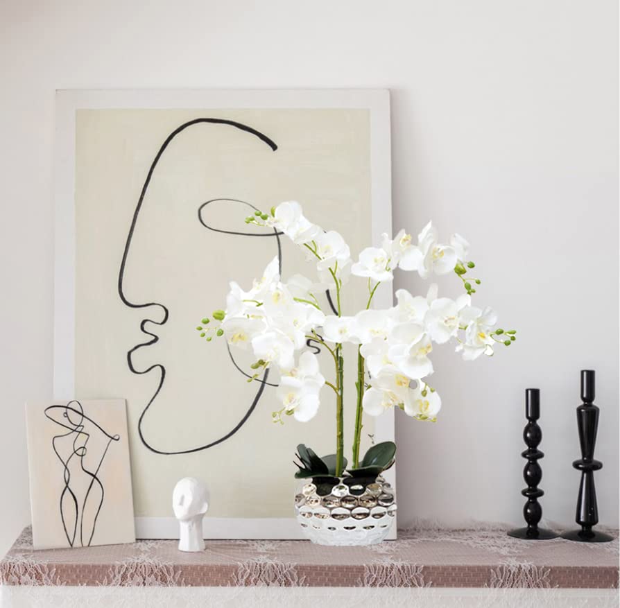 Orchid Artificial Flowers for Home Decor, Faux Orchids with Silver Vase Phalaenopsis Fake Flowers Real Touch Flowers Plants White Orquideas Arrangements in Pot Table Centerpiece Decoration