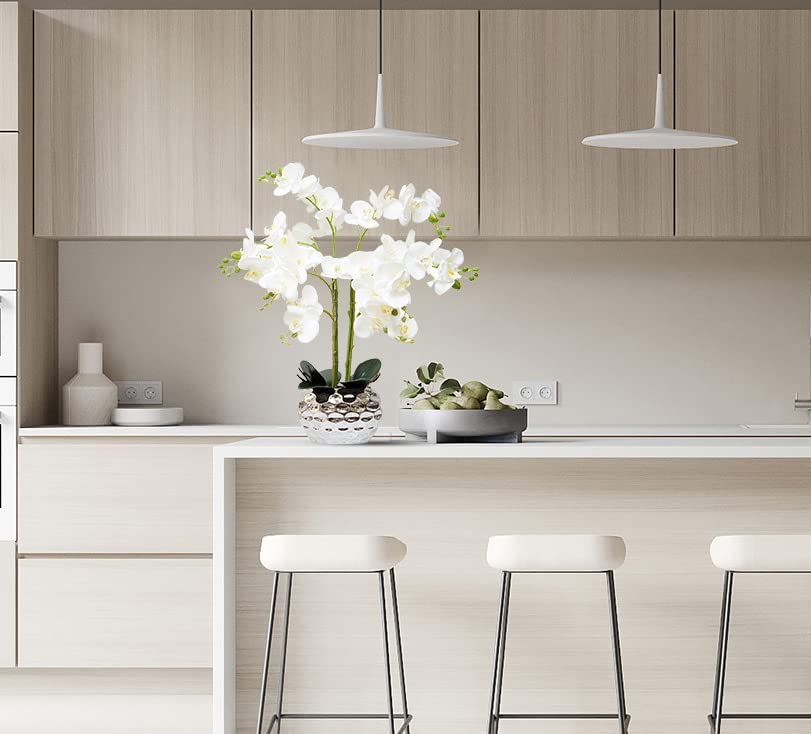 Orchid Artificial Flowers for Home Decor, Faux Orchids with Silver Vase Phalaenopsis Fake Flowers Real Touch Flowers Plants White Orquideas Arrangements in Pot Table Centerpiece Decoration