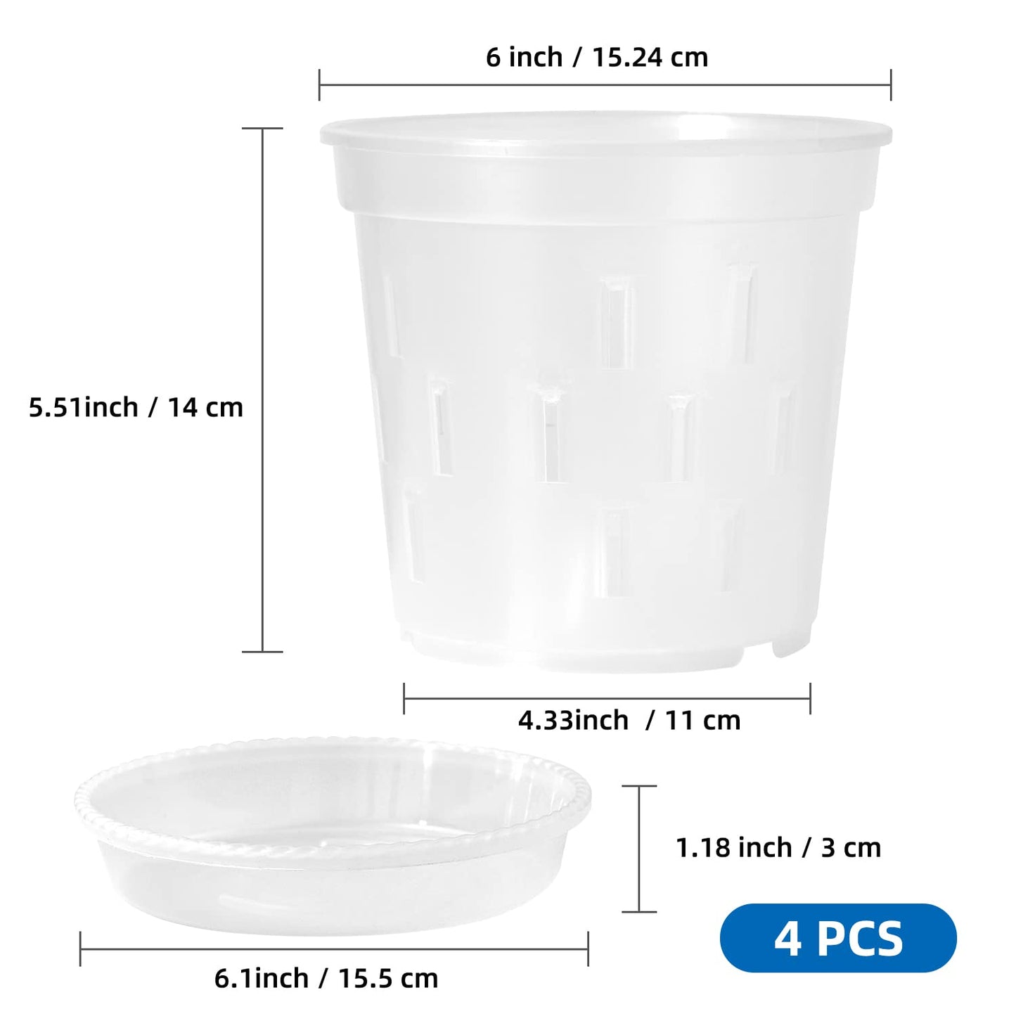 TRUEDAYS 4 Pack Orchid Pot with Saucers Garden Pot 5 Inch Clear Plastic Plant Pots with Drainage Holes for Indoor Outdoor Plants