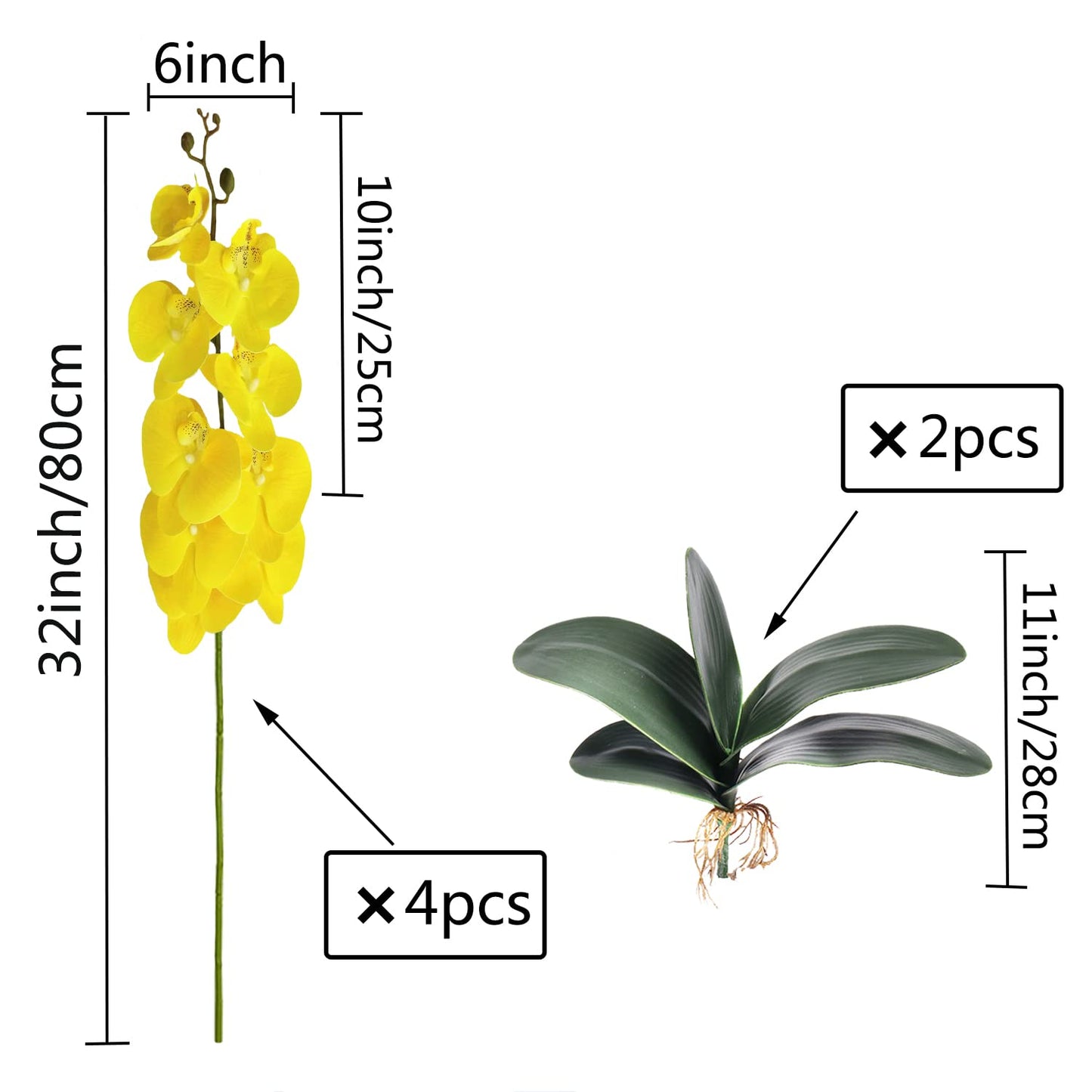 FagusHome 32" Artificial Phalaenopsis Flowers 4 Pcs with 2 Bundles Leaves Artificial Orchid Flowers Stem Plants Fake Butterfly Phalaenopsis Flowers for Home Wedding Party Décor (Yellow)