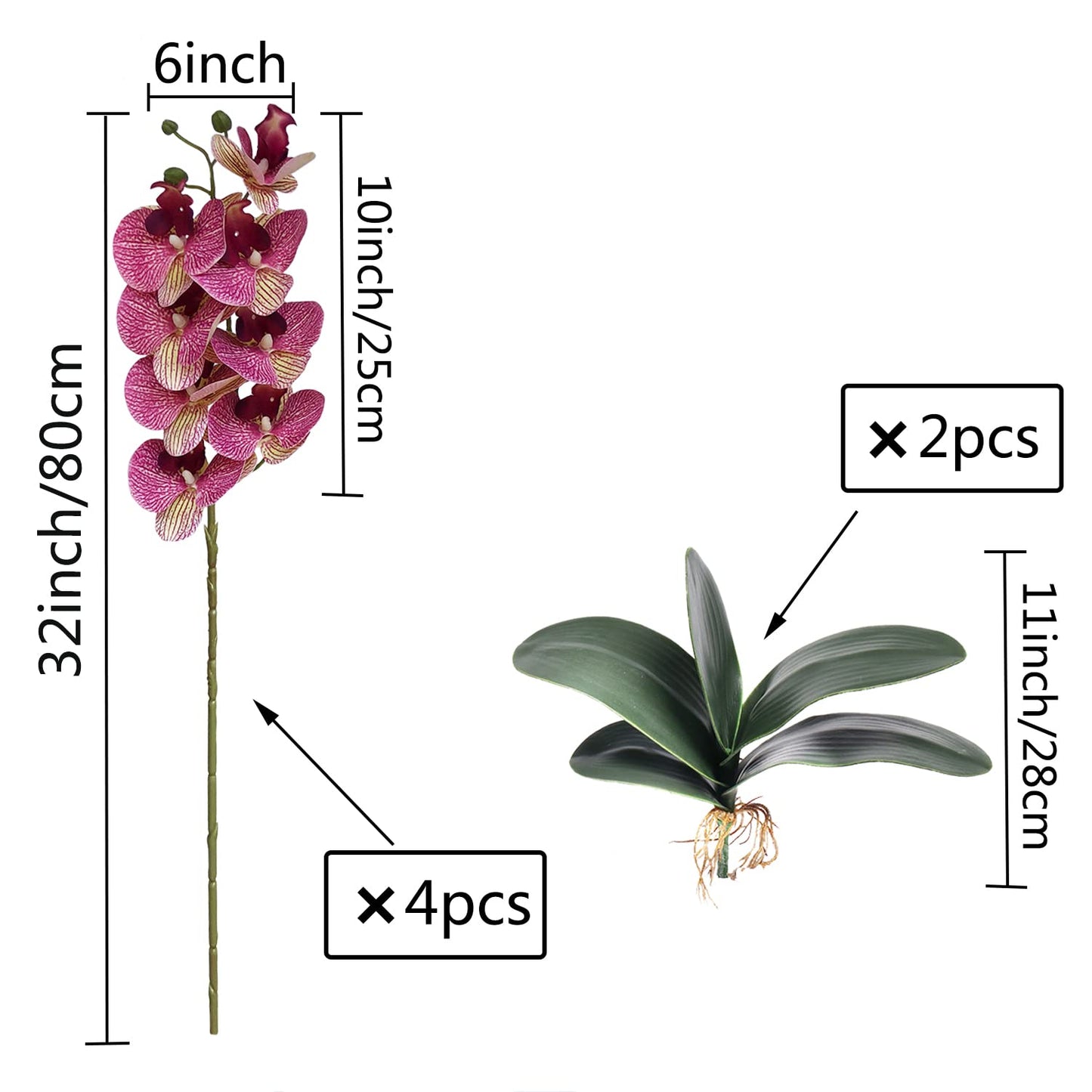 FagusHome 32" Artificial Phalaenopsis Flowers 4 Pcs with 2 Bundles Leaves Artificial Orchid Flowers Stem Plants Fake Butterfly Phalaenopsis Flowers for Home Wedding Party Décor (Yellow)