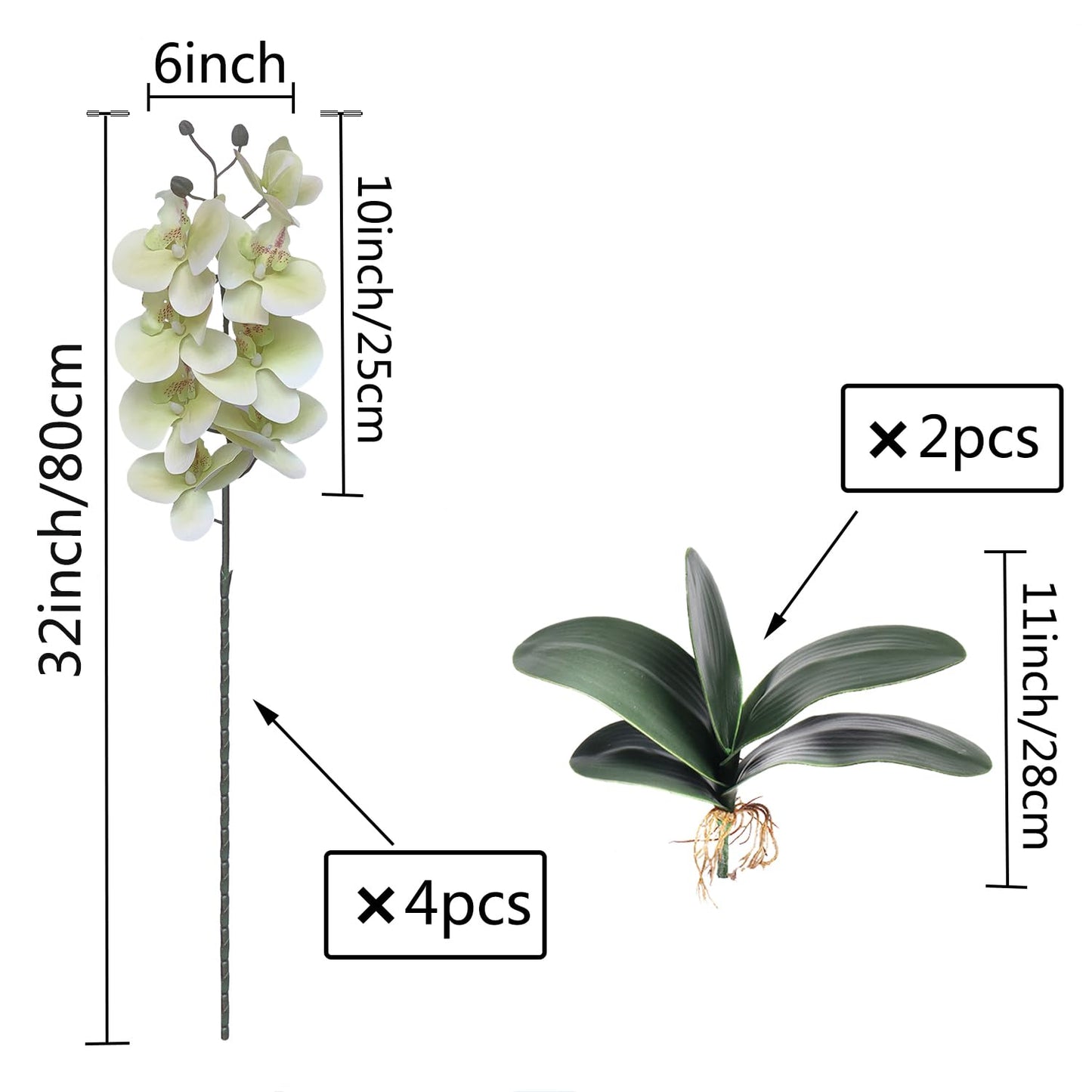 FagusHome 32" Artificial Phalaenopsis Flowers 4 Pcs with 2 Bundles Leaves Artificial Orchid Flowers Stem Plants Fake Butterfly Phalaenopsis Flowers for Home Wedding Party Décor (Yellow)