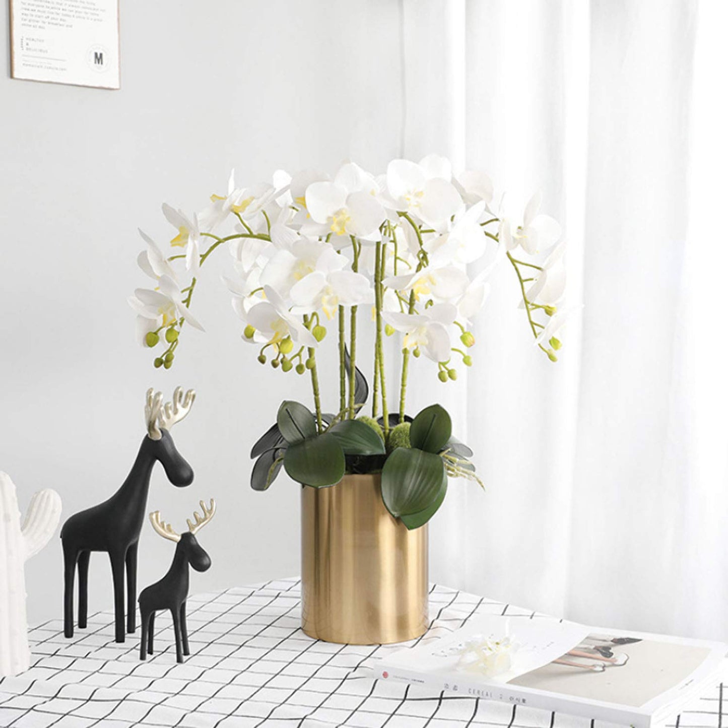 FagusHome 32" Artificial Phalaenopsis Flowers 4 Pcs with 2 Bundles Leaves Artificial Orchid Flowers Stem Plants Fake Butterfly Phalaenopsis Flowers for Home Wedding Party Décor (Yellow)