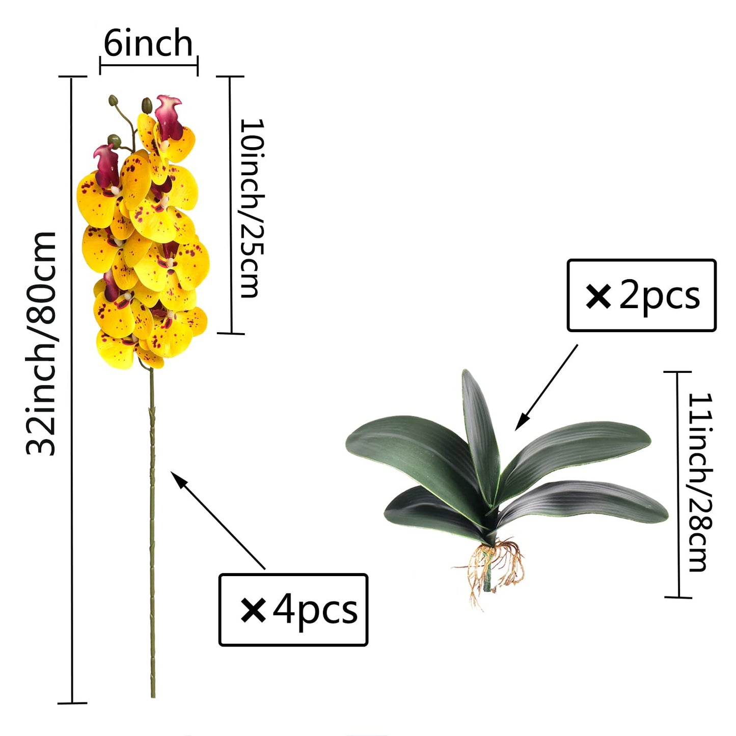 FagusHome 32" Artificial Phalaenopsis Flowers 4 Pcs with 2 Bundles Leaves Artificial Orchid Flowers Stem Plants Fake Butterfly Phalaenopsis Flowers for Home Wedding Party Décor (Yellow)