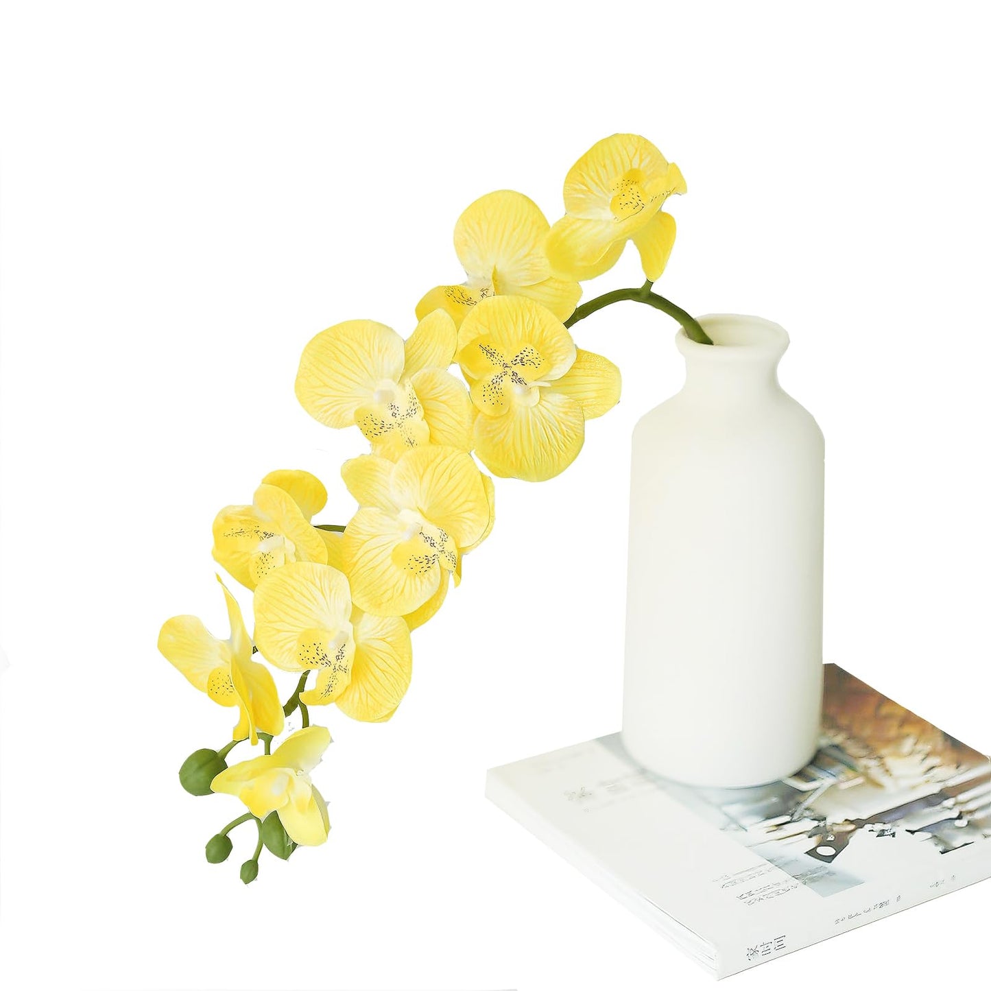 JEVA 1pack Artificial Orchid Flower Artificial Yellow Phalaenopsis Orchid Flower Arrangements Faux Orchid Flower in Gold Pot Orchid Centerpiece for Dining Room Table