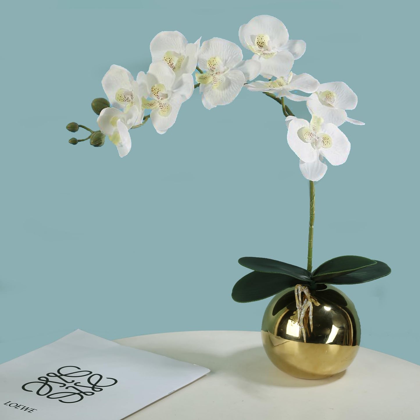 JEVA 1pack Artificial Orchid Flower Artificial Yellow Phalaenopsis Orchid Flower Arrangements Faux Orchid Flower in Gold Pot Orchid Centerpiece for Dining Room Table