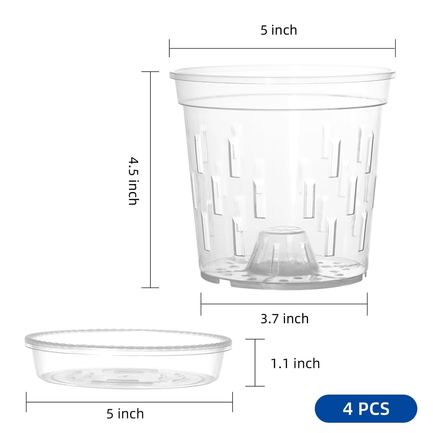 TRUEDAYS 4 Pack Orchid Pot with Saucers Garden Pot 5 Inch Clear Plastic Plant Pots with Drainage Holes for Indoor Outdoor Plants