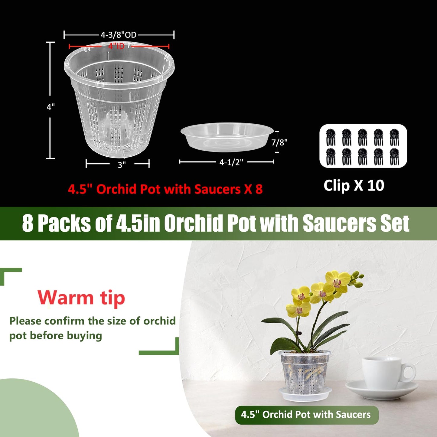 8 Pack Orchid Pot, 4.5in Orchid Pots with Holes, Orchid Pots for Repotting with Clips, Clear Plastic Plant Pot for Indoor Outdoor Plants(4.5in, 8 Pack)