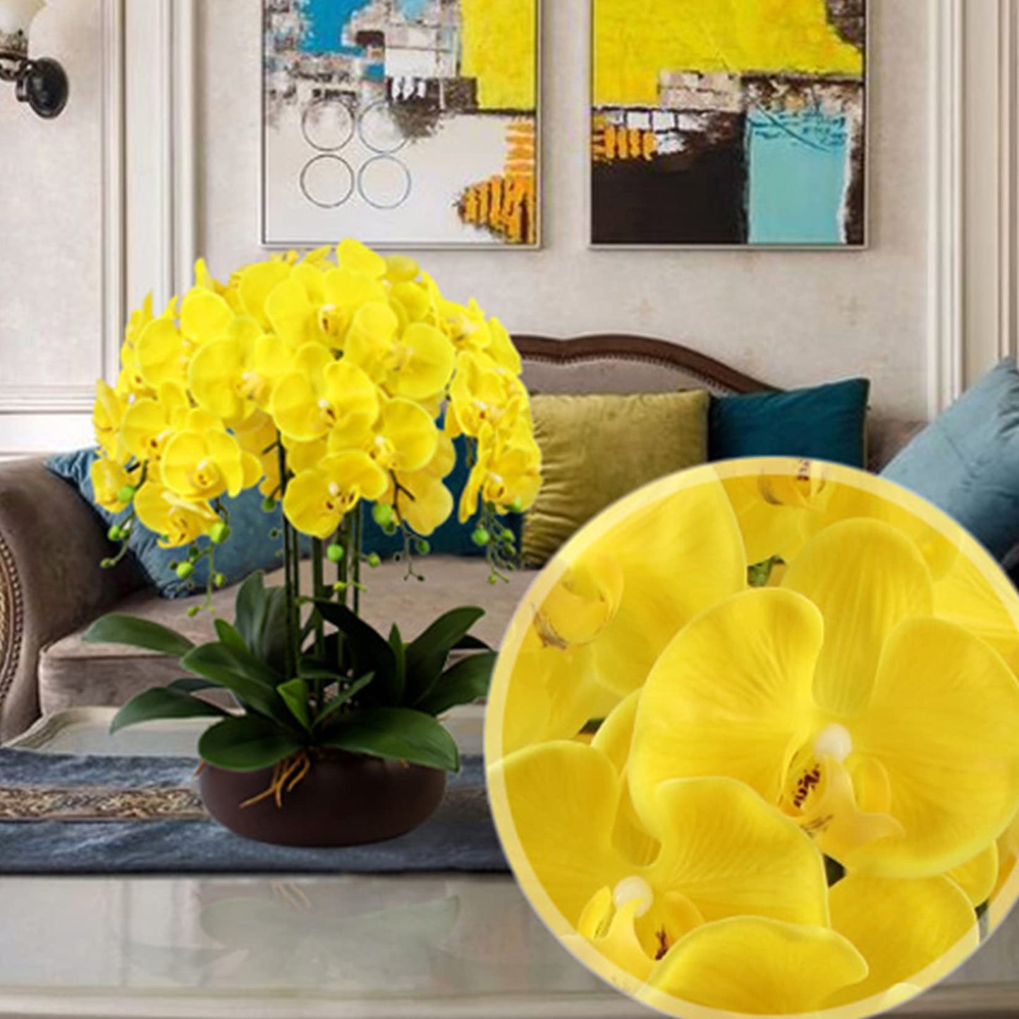 FagusHome 32" Artificial Phalaenopsis Flowers 4 Pcs with 2 Bundles Leaves Artificial Orchid Flowers Stem Plants Fake Butterfly Phalaenopsis Flowers for Home Wedding Party Décor (Yellow)