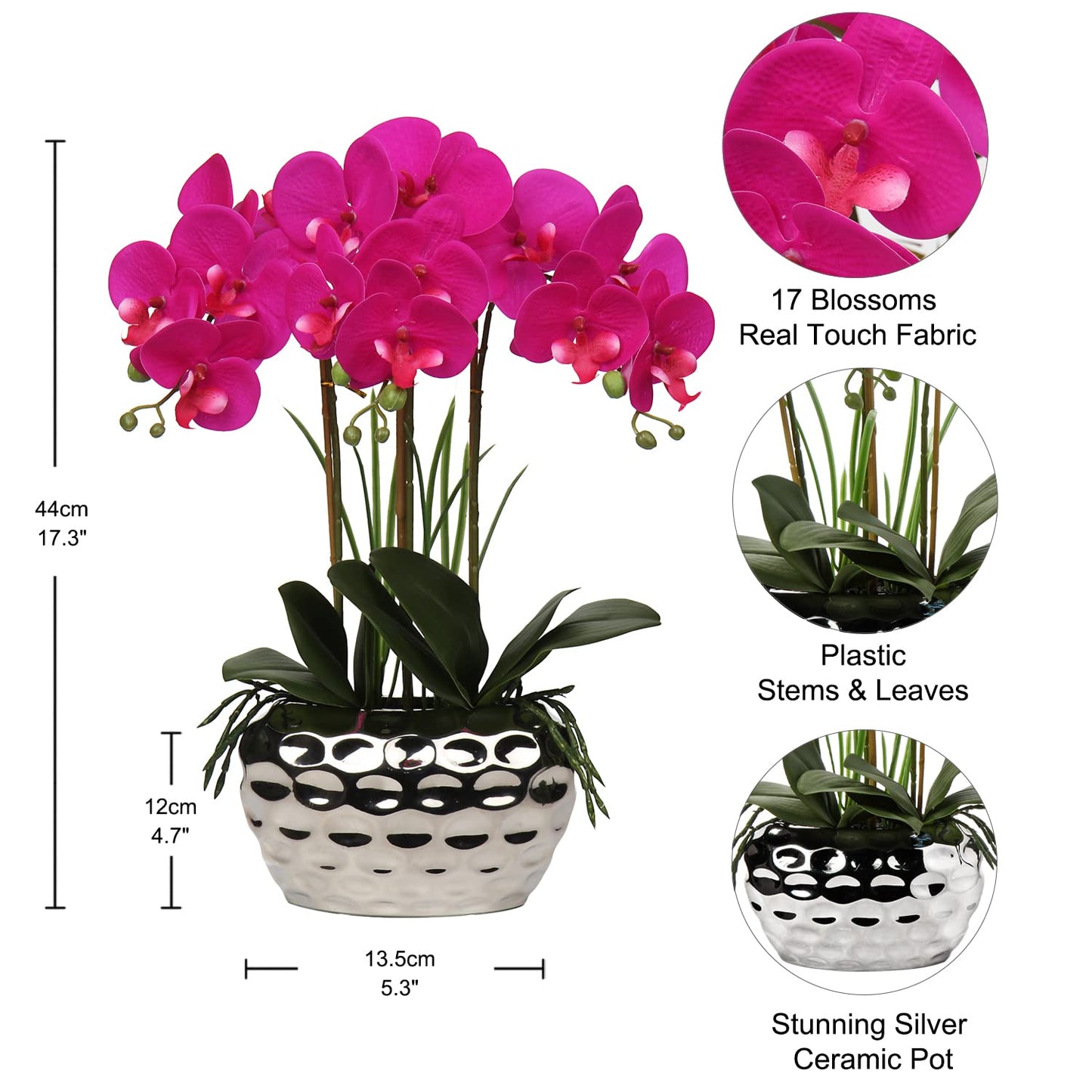 Briful Orchids Artificial Flowers 18" White Phalaenopsis Large Orchid with Silver Ceramic Pots Silk Faux Orchid Arrangement for Home Office Bathroom Living Room Table Decoration