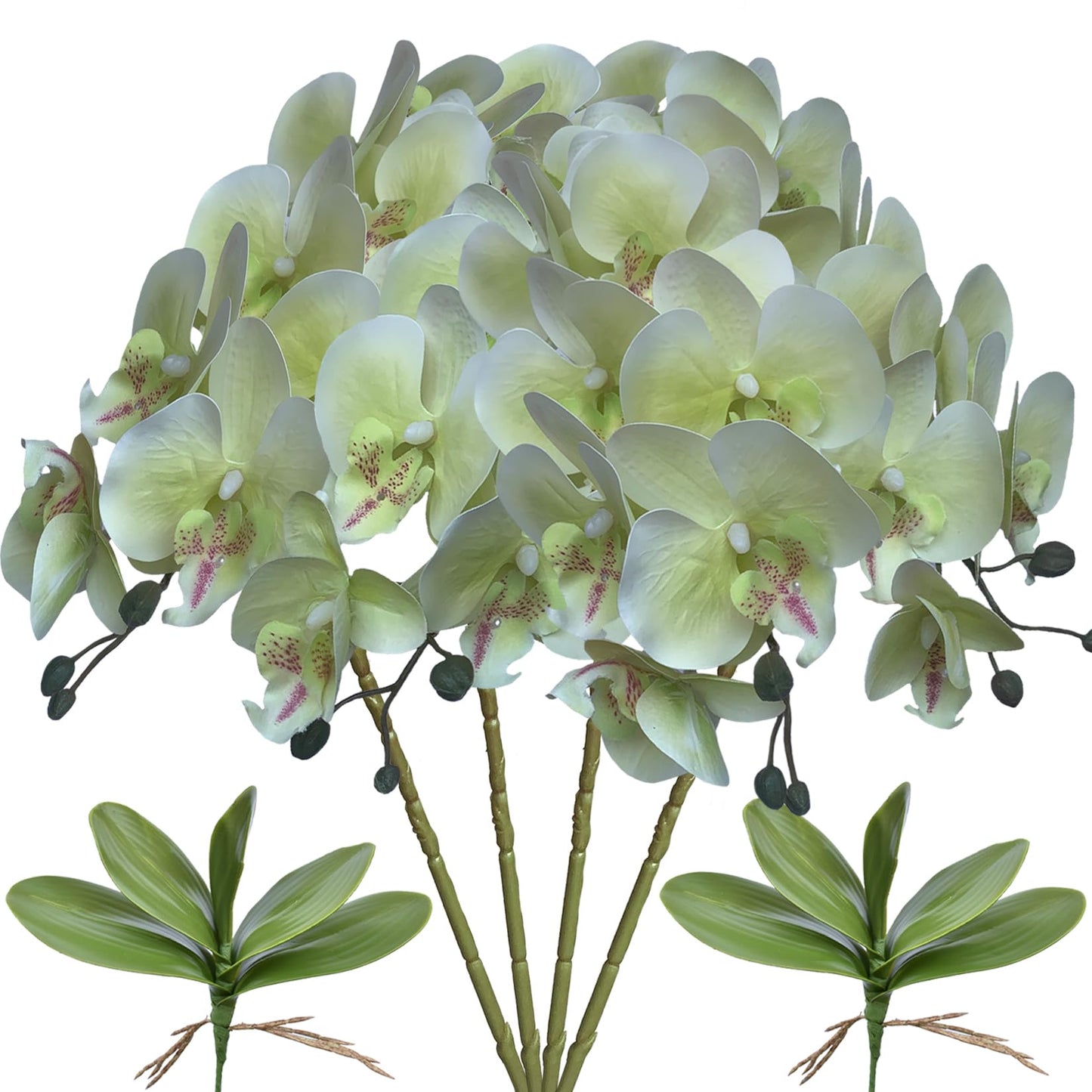 FagusHome 32" Artificial Phalaenopsis Flowers 4 Pcs with 2 Bundles Leaves Artificial Orchid Flowers Stem Plants Fake Butterfly Phalaenopsis Flowers for Home Wedding Party Décor (Yellow)