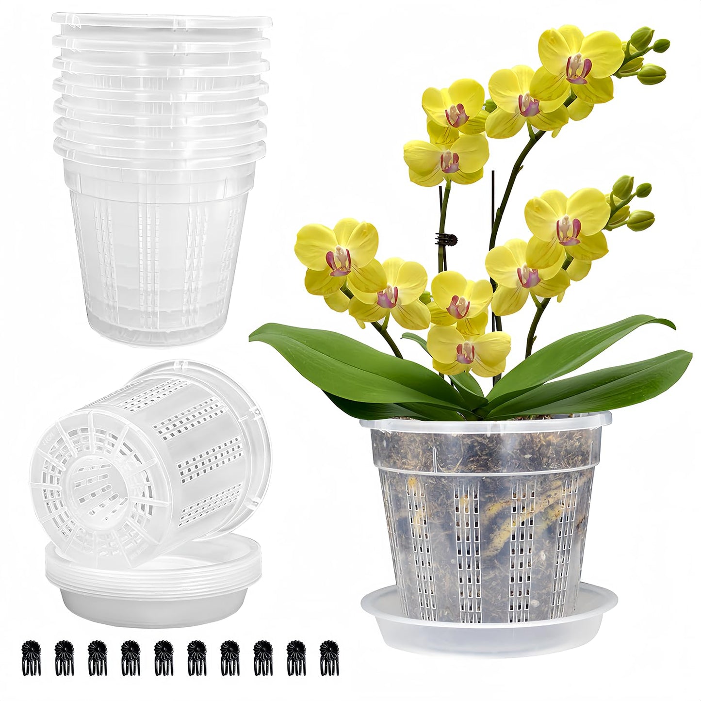 8 Pack Orchid Pot, 4.5in Orchid Pots with Holes, Orchid Pots for Repotting with Clips, Clear Plastic Plant Pot for Indoor Outdoor Plants(4.5in, 8 Pack)