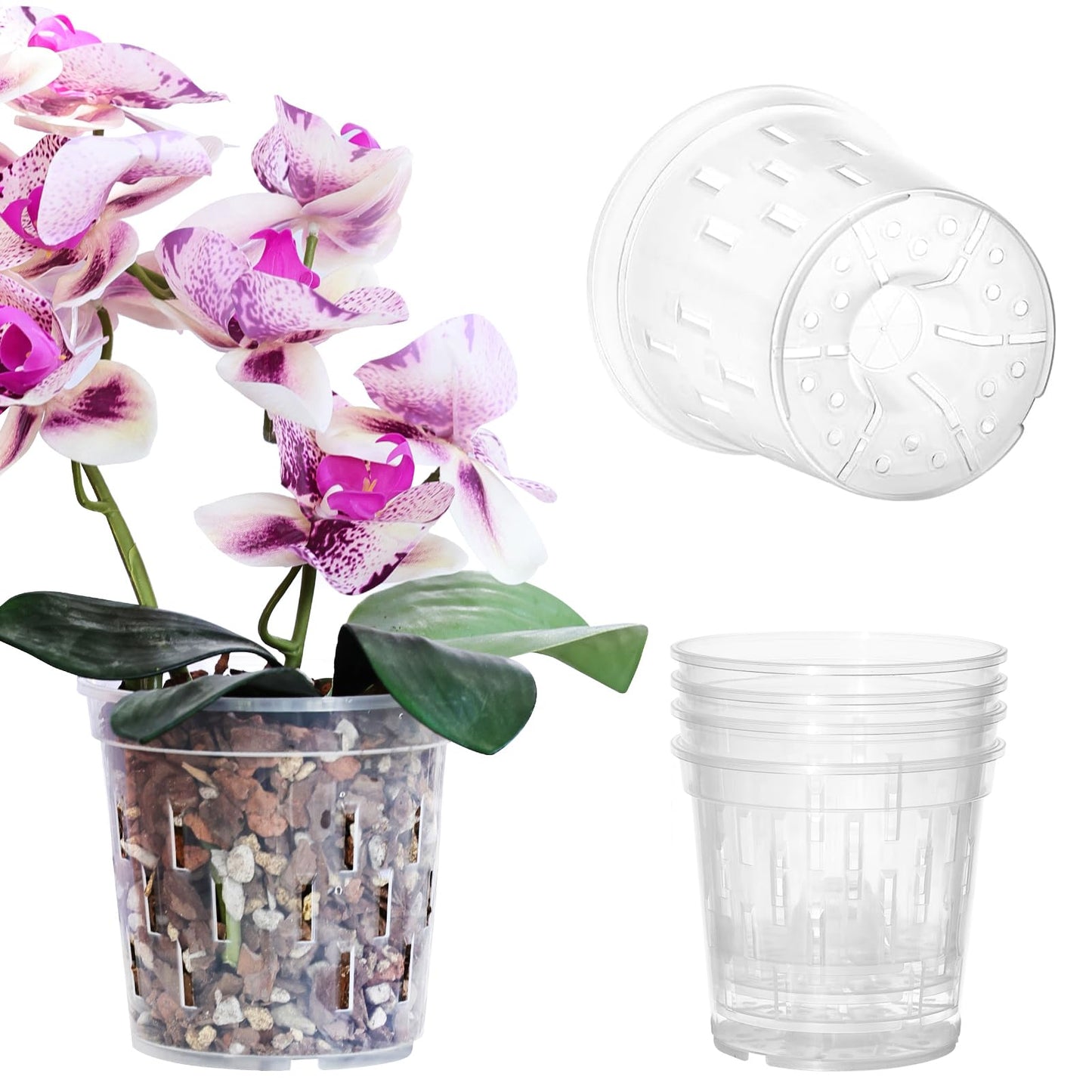 TRUEDAYS 4 Pack Orchid Pot with Saucers Garden Pot 5 Inch Clear Plastic Plant Pots with Drainage Holes for Indoor Outdoor Plants