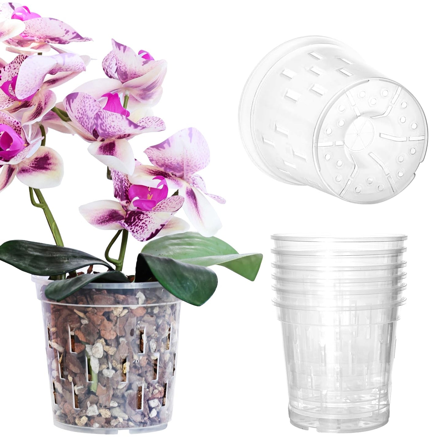 TRUEDAYS 4 Pack Orchid Pot with Saucers Garden Pot 5 Inch Clear Plastic Plant Pots with Drainage Holes for Indoor Outdoor Plants