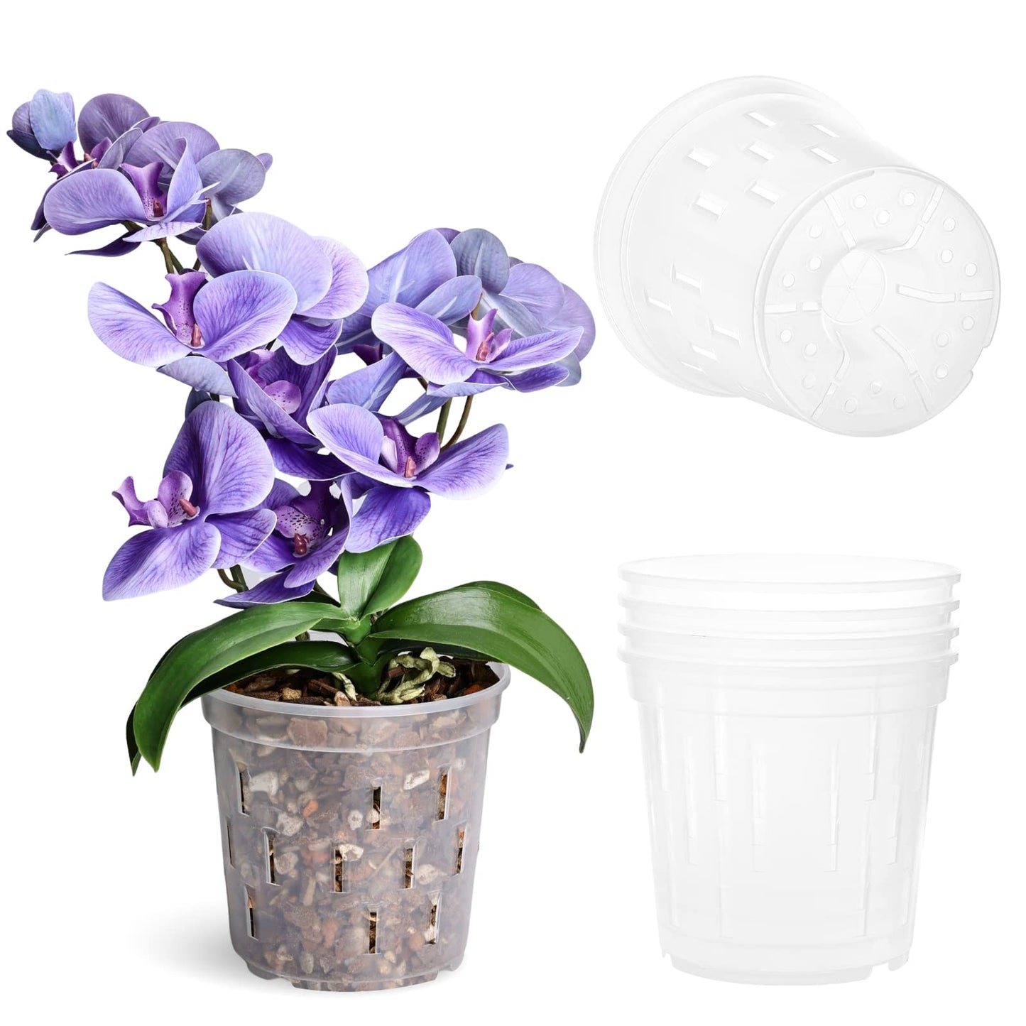 TRUEDAYS 4 Pack Orchid Pot with Saucers Garden Pot 5 Inch Clear Plastic Plant Pots with Drainage Holes for Indoor Outdoor Plants