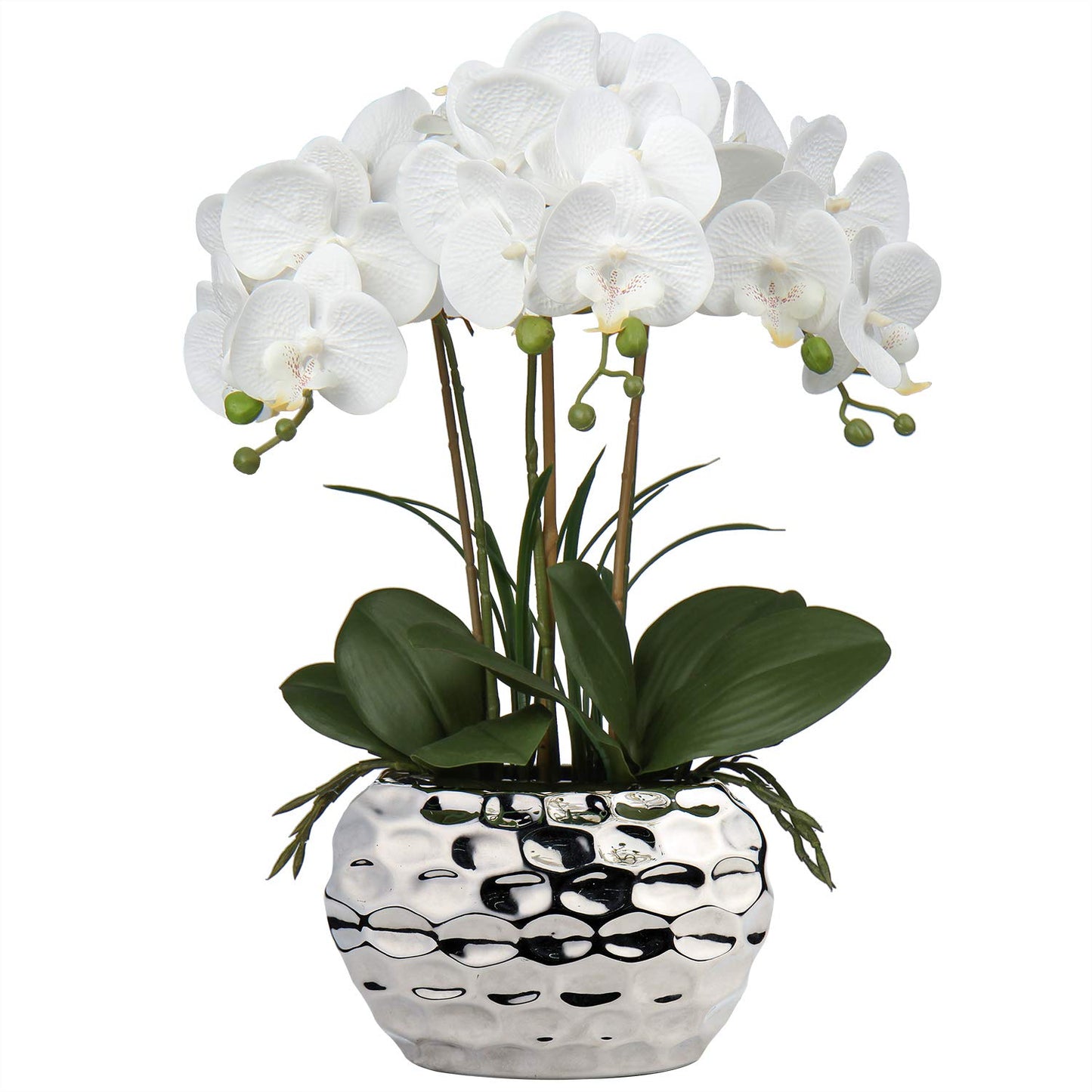 Briful Orchids Artificial Flowers 18" White Phalaenopsis Large Orchid with Silver Ceramic Pots Silk Faux Orchid Arrangement for Home Office Bathroom Living Room Table Decoration