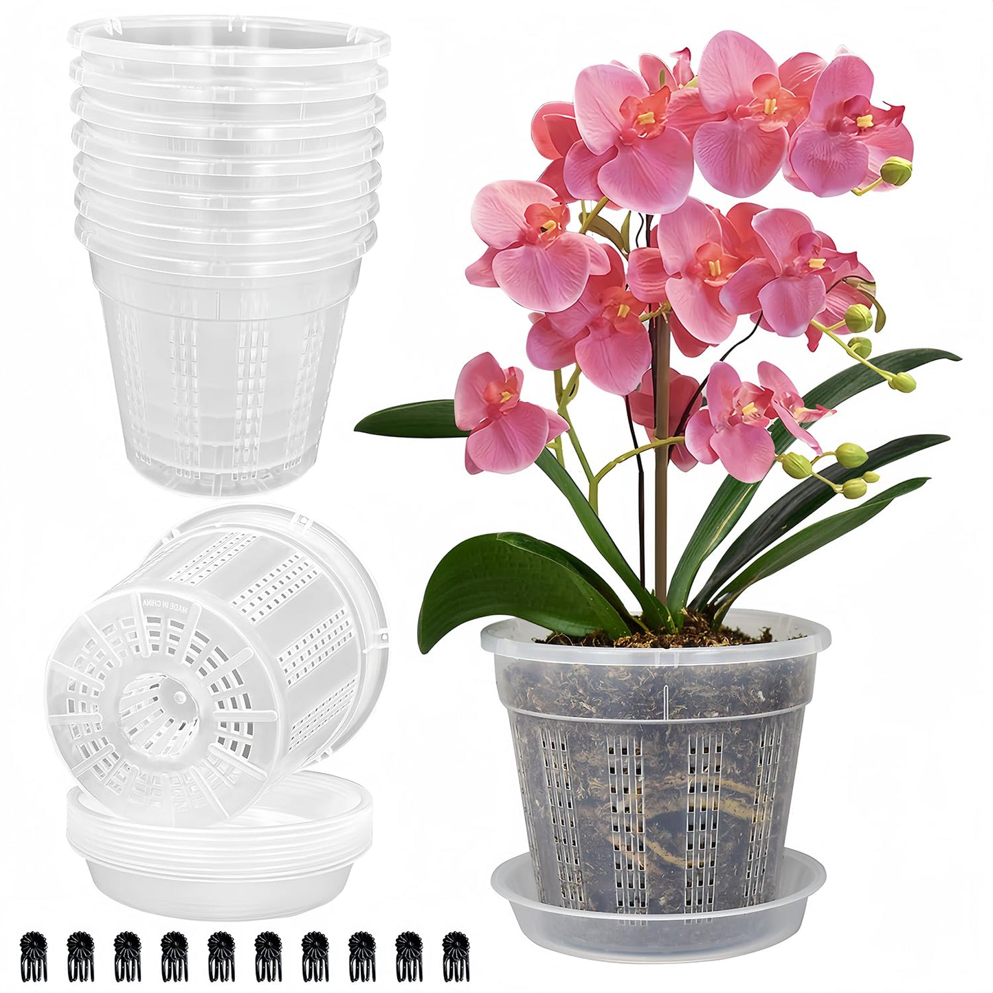 8 Pack Orchid Pot, 4.5in Orchid Pots with Holes, Orchid Pots for Repotting with Clips, Clear Plastic Plant Pot for Indoor Outdoor Plants(4.5in, 8 Pack)