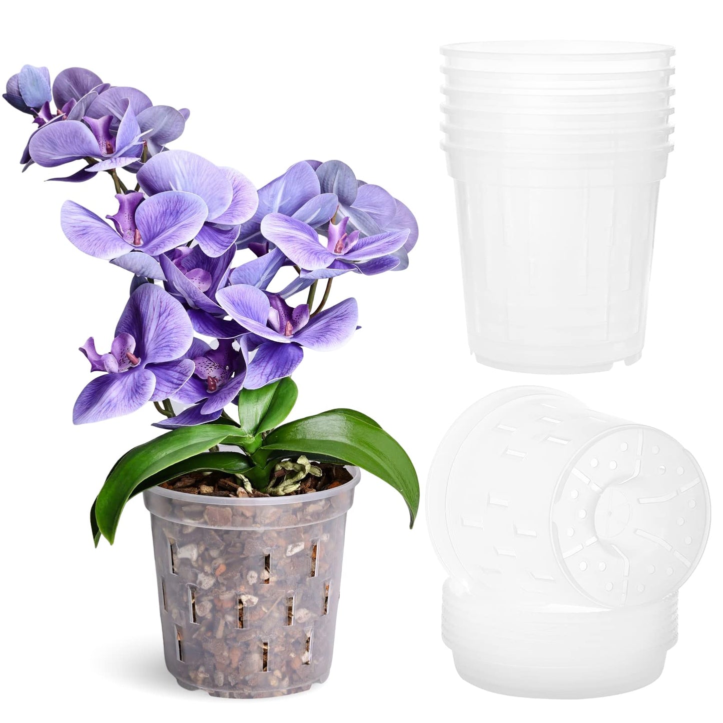 TRUEDAYS 4 Pack Orchid Pot with Saucers Garden Pot 5 Inch Clear Plastic Plant Pots with Drainage Holes for Indoor Outdoor Plants