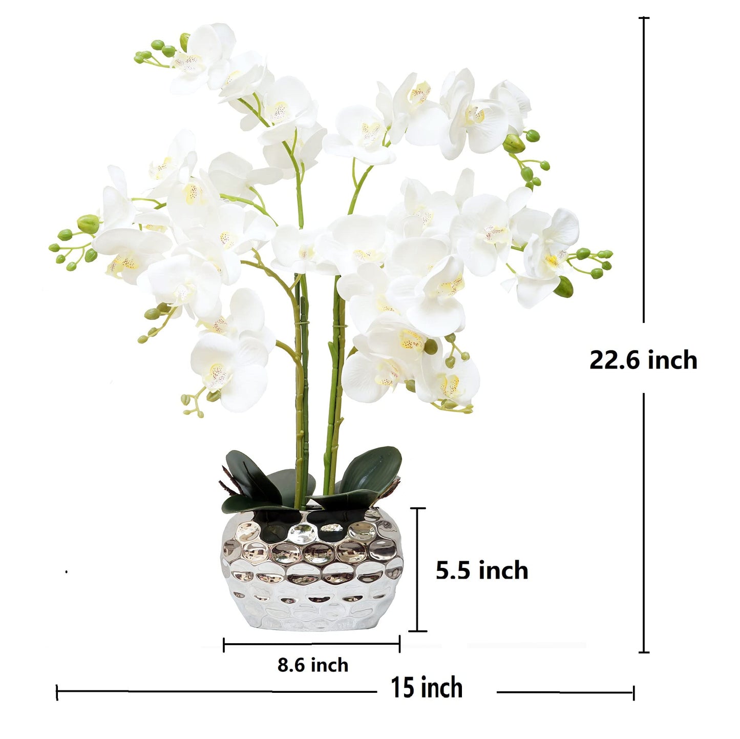 Orchid Artificial Flowers for Home Decor, Faux Orchids with Silver Vase Phalaenopsis Fake Flowers Real Touch Flowers Plants White Orquideas Arrangements in Pot Table Centerpiece Decoration