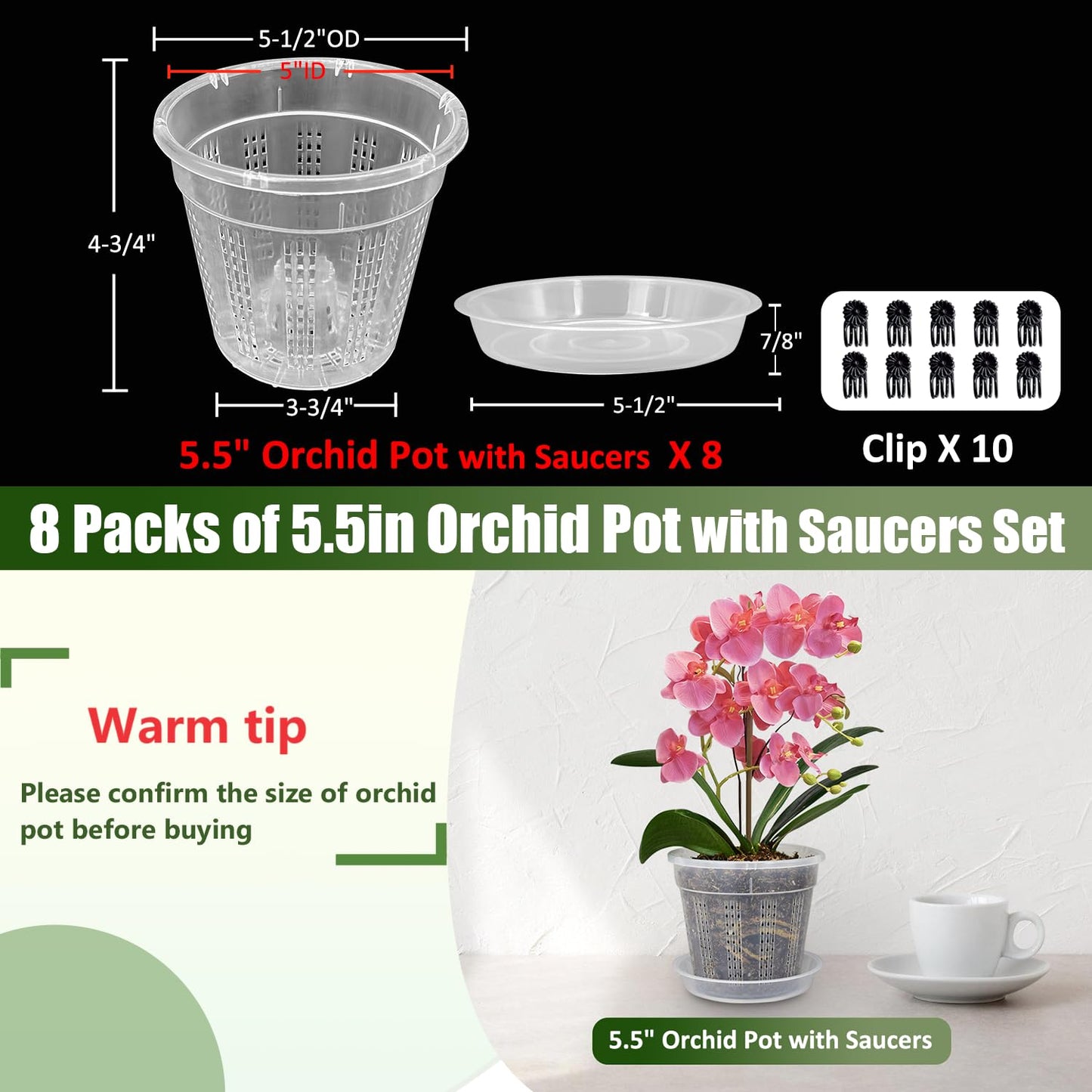 8 Pack Orchid Pot, 4.5in Orchid Pots with Holes, Orchid Pots for Repotting with Clips, Clear Plastic Plant Pot for Indoor Outdoor Plants(4.5in, 8 Pack)