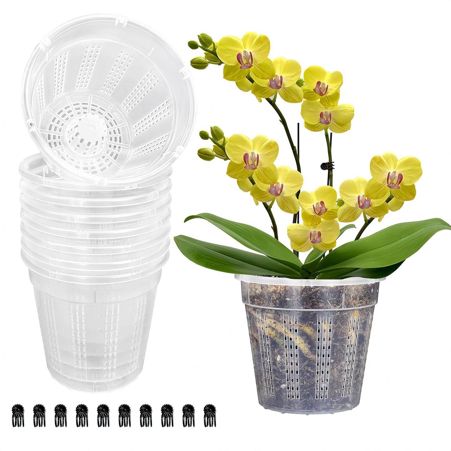 8 Pack Orchid Pot, 4.5in Orchid Pots with Holes, Orchid Pots for Repotting with Clips, Clear Plastic Plant Pot for Indoor Outdoor Plants(4.5in, 8 Pack)