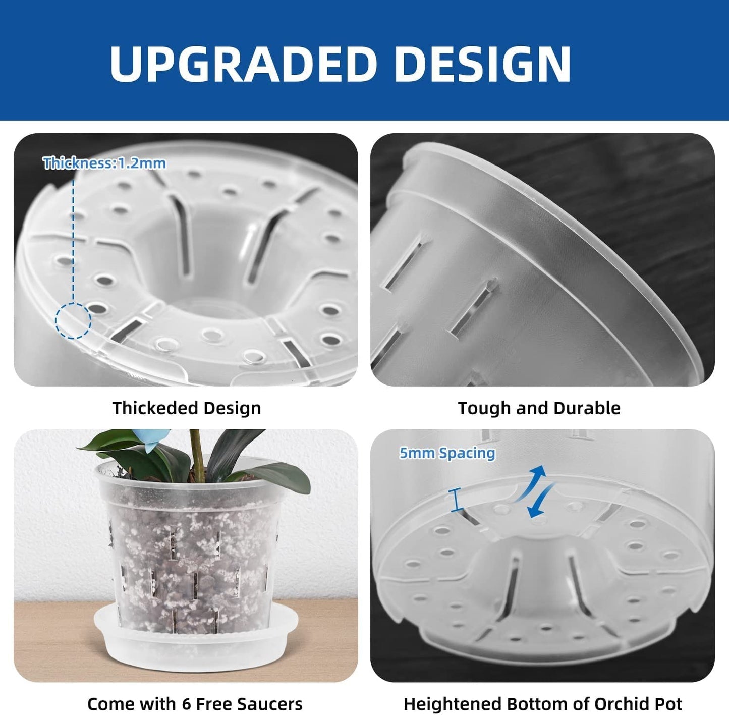TRUEDAYS 4 Pack Orchid Pot with Saucers Garden Pot 5 Inch Clear Plastic Plant Pots with Drainage Holes for Indoor Outdoor Plants
