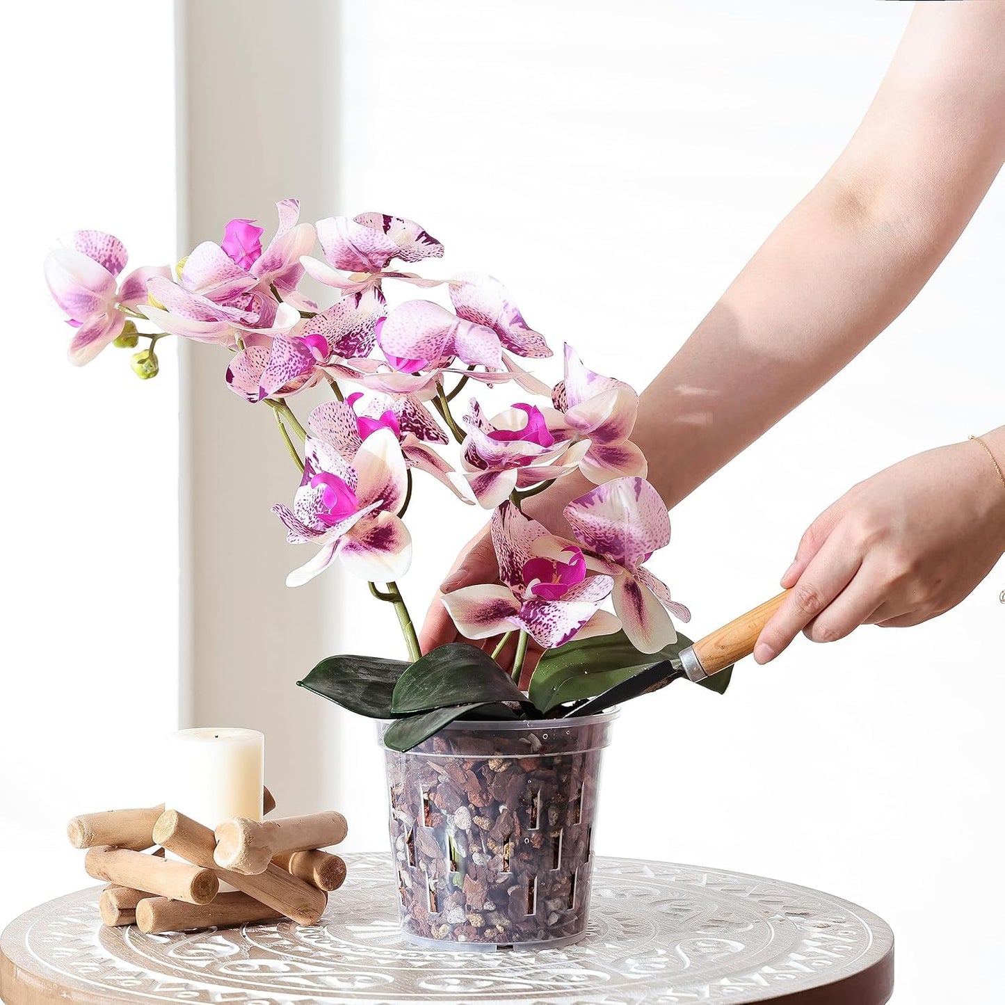 TRUEDAYS 4 Pack Orchid Pot with Saucers Garden Pot 5 Inch Clear Plastic Plant Pots with Drainage Holes for Indoor Outdoor Plants