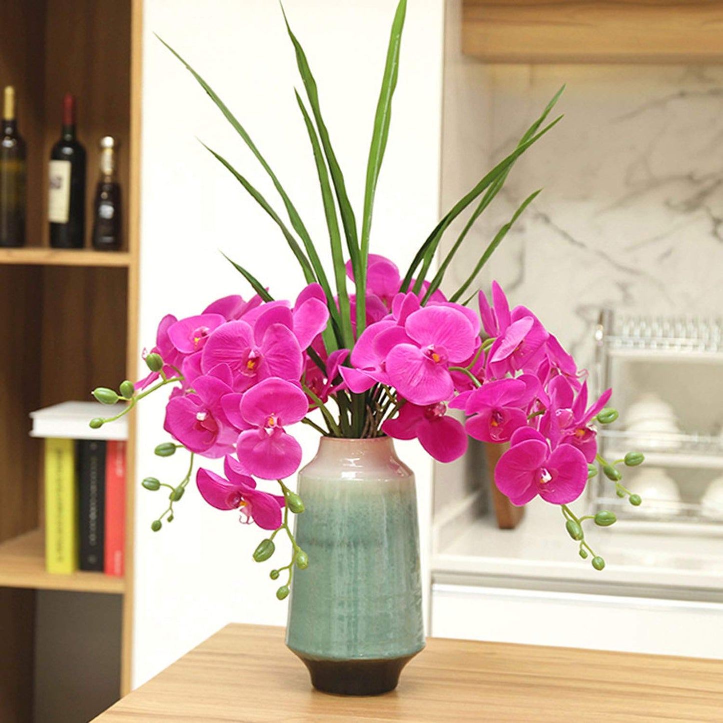 FagusHome 32" Artificial Phalaenopsis Flowers 4 Pcs with 2 Bundles Leaves Artificial Orchid Flowers Stem Plants Fake Butterfly Phalaenopsis Flowers for Home Wedding Party Décor (Yellow)