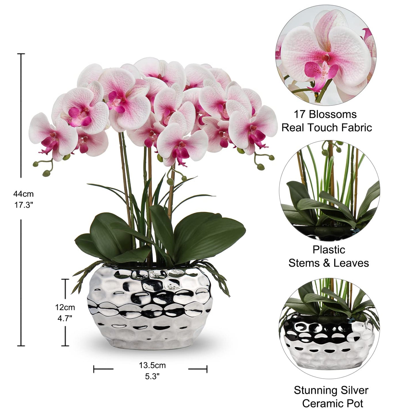 Briful Orchids Artificial Flowers 18" White Phalaenopsis Large Orchid with Silver Ceramic Pots Silk Faux Orchid Arrangement for Home Office Bathroom Living Room Table Decoration