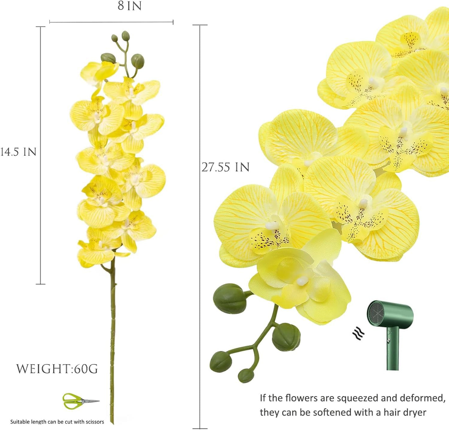 JEVA 1pack Artificial Orchid Flower Artificial Yellow Phalaenopsis Orchid Flower Arrangements Faux Orchid Flower in Gold Pot Orchid Centerpiece for Dining Room Table