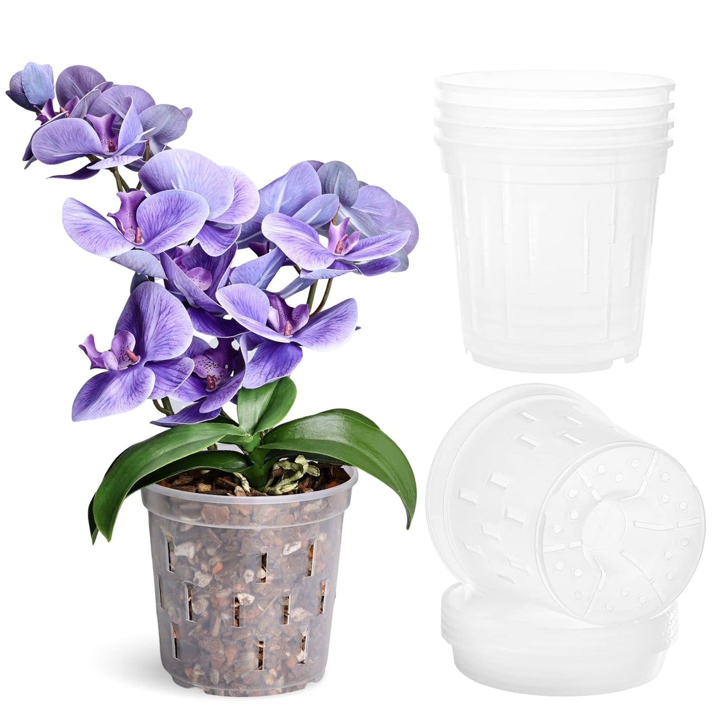TRUEDAYS 4 Pack Orchid Pot with Saucers Garden Pot 5 Inch Clear Plastic Plant Pots with Drainage Holes for Indoor Outdoor Plants