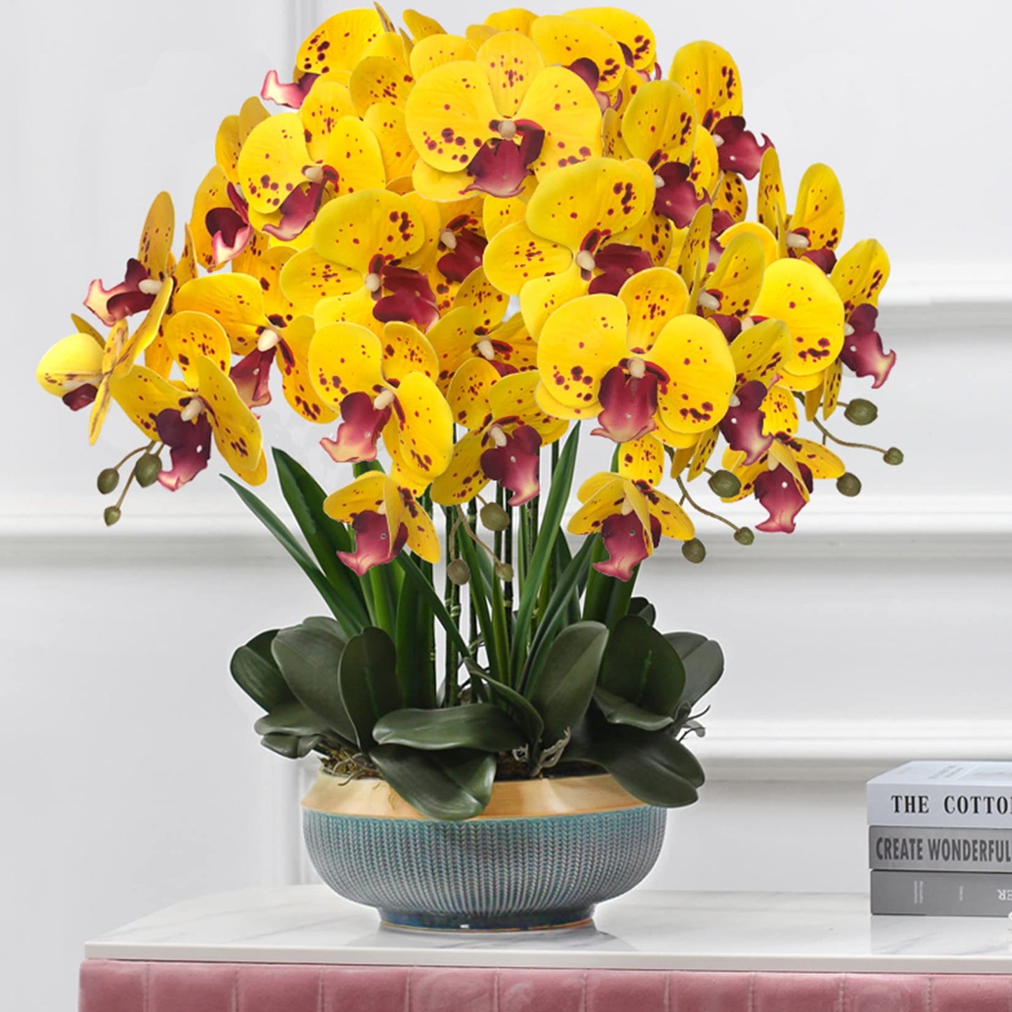 FagusHome 32" Artificial Phalaenopsis Flowers 4 Pcs with 2 Bundles Leaves Artificial Orchid Flowers Stem Plants Fake Butterfly Phalaenopsis Flowers for Home Wedding Party Décor (Yellow)