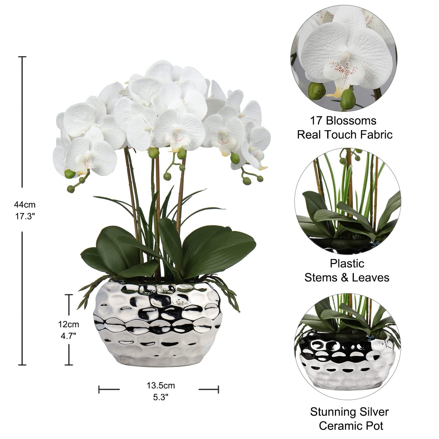 Briful Orchids Artificial Flowers 18" White Phalaenopsis Large Orchid with Silver Ceramic Pots Silk Faux Orchid Arrangement for Home Office Bathroom Living Room Table Decoration