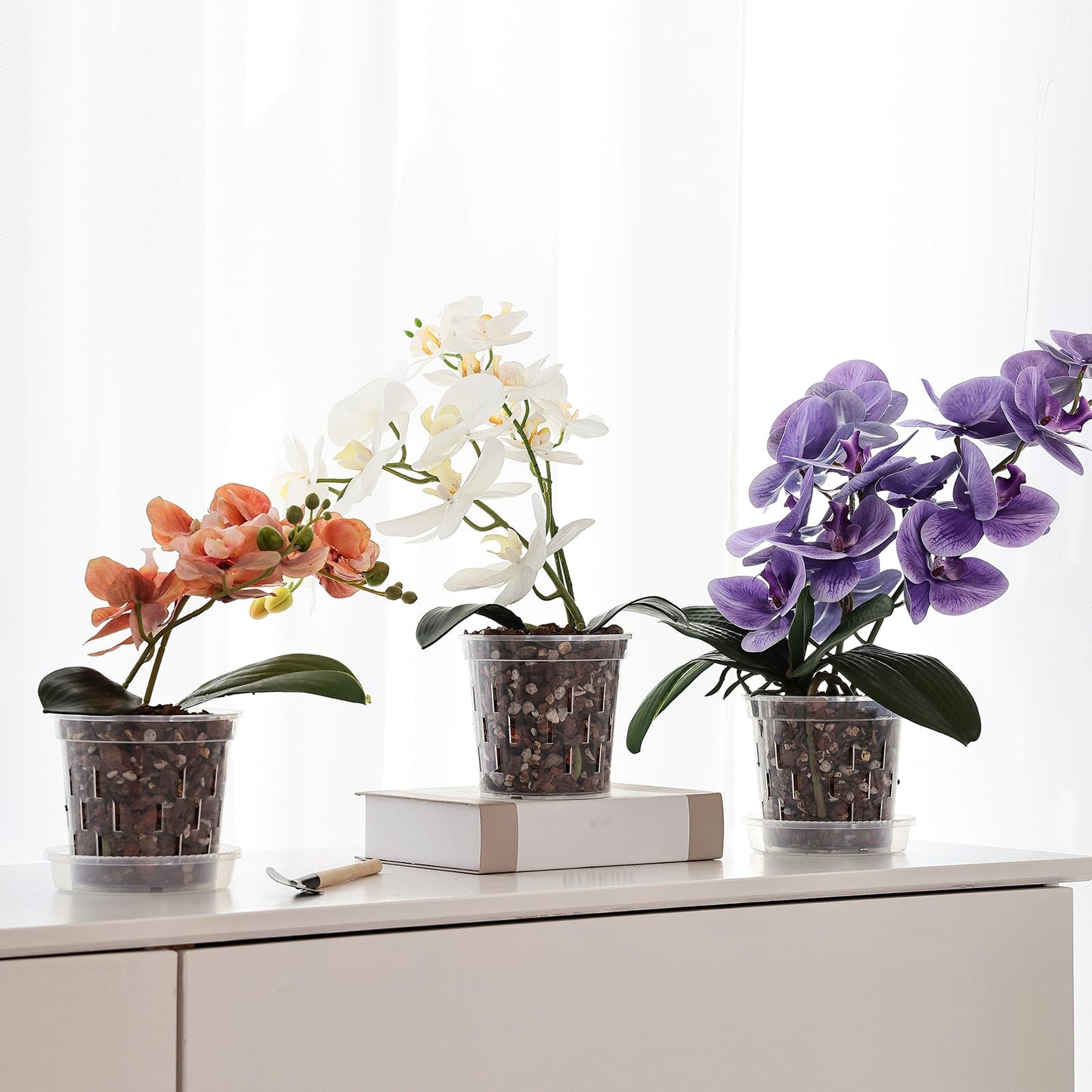 TRUEDAYS 4 Pack Orchid Pot with Saucers Garden Pot 5 Inch Clear Plastic Plant Pots with Drainage Holes for Indoor Outdoor Plants