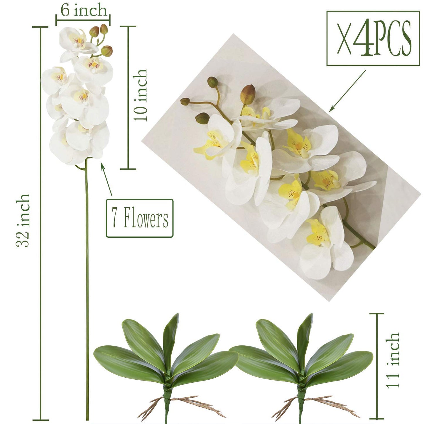 FagusHome 32" Artificial Phalaenopsis Flowers 4 Pcs with 2 Bundles Leaves Artificial Orchid Flowers Stem Plants Fake Butterfly Phalaenopsis Flowers for Home Wedding Party Décor (Yellow)