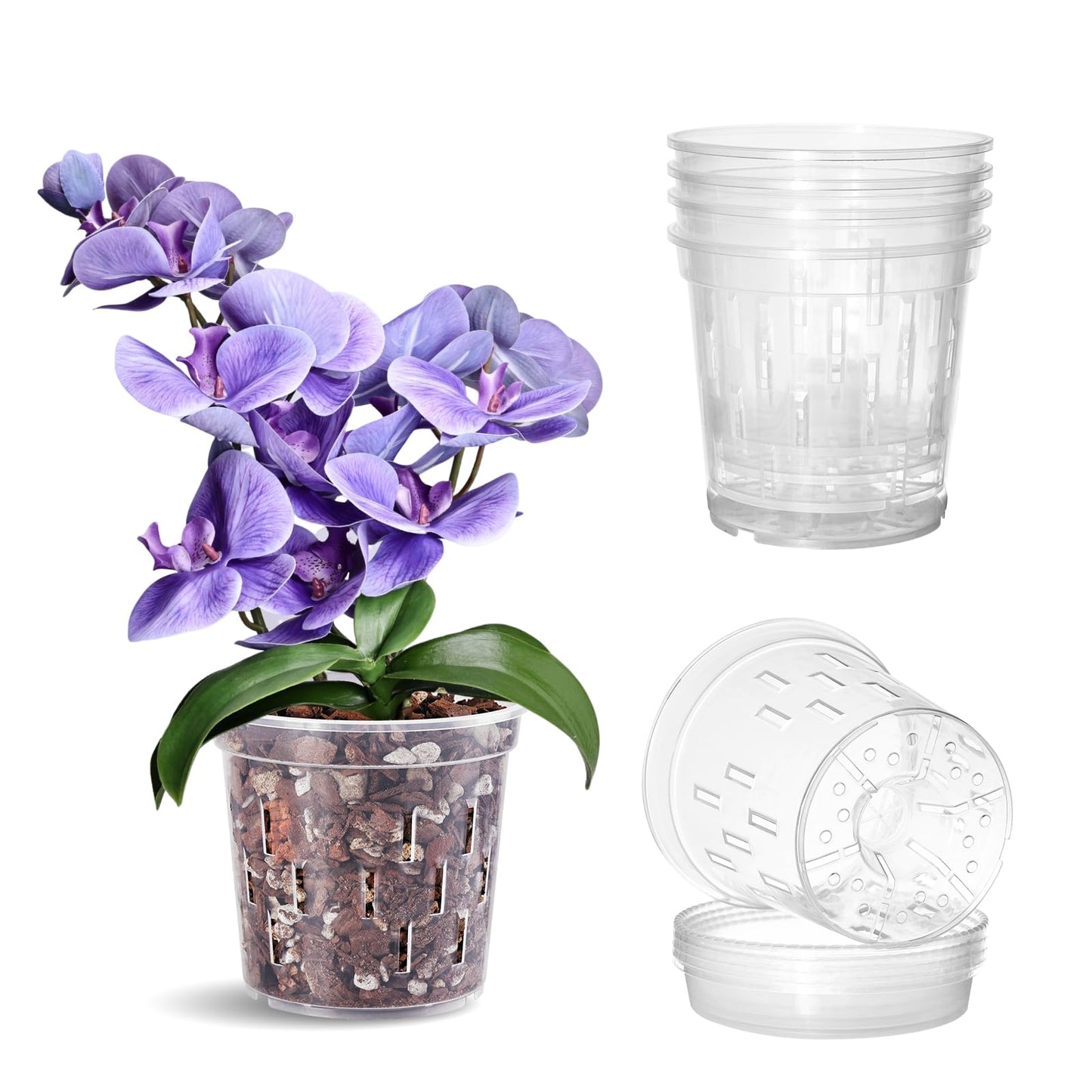 TRUEDAYS 4 Pack Orchid Pot with Saucers Garden Pot 5 Inch Clear Plastic Plant Pots with Drainage Holes for Indoor Outdoor Plants