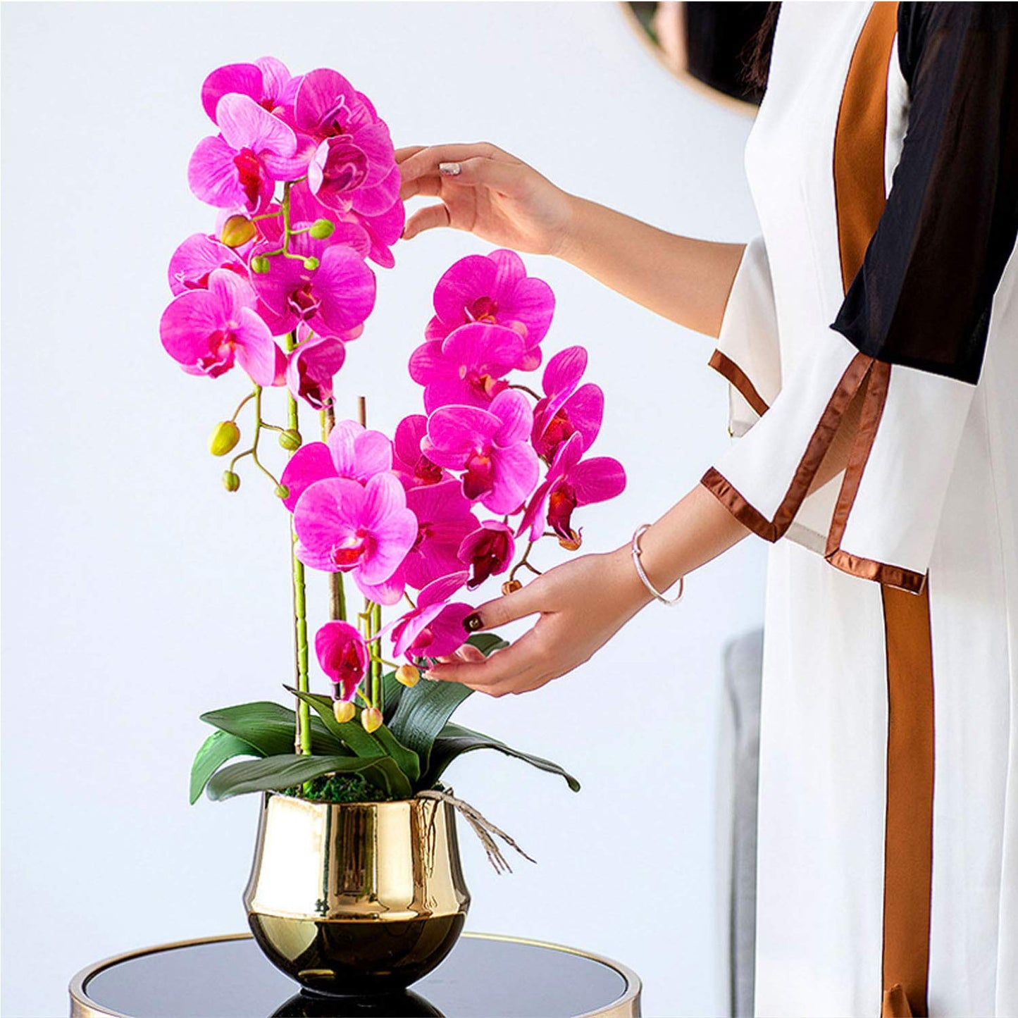 FagusHome 32" Artificial Phalaenopsis Flowers 4 Pcs with 2 Bundles Leaves Artificial Orchid Flowers Stem Plants Fake Butterfly Phalaenopsis Flowers for Home Wedding Party Décor (Yellow)