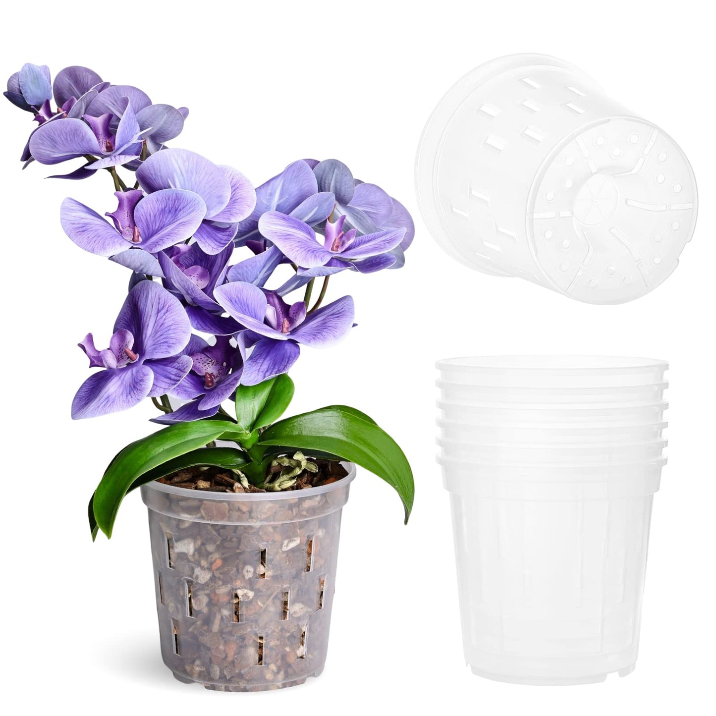 TRUEDAYS 4 Pack Orchid Pot with Saucers Garden Pot 5 Inch Clear Plastic Plant Pots with Drainage Holes for Indoor Outdoor Plants