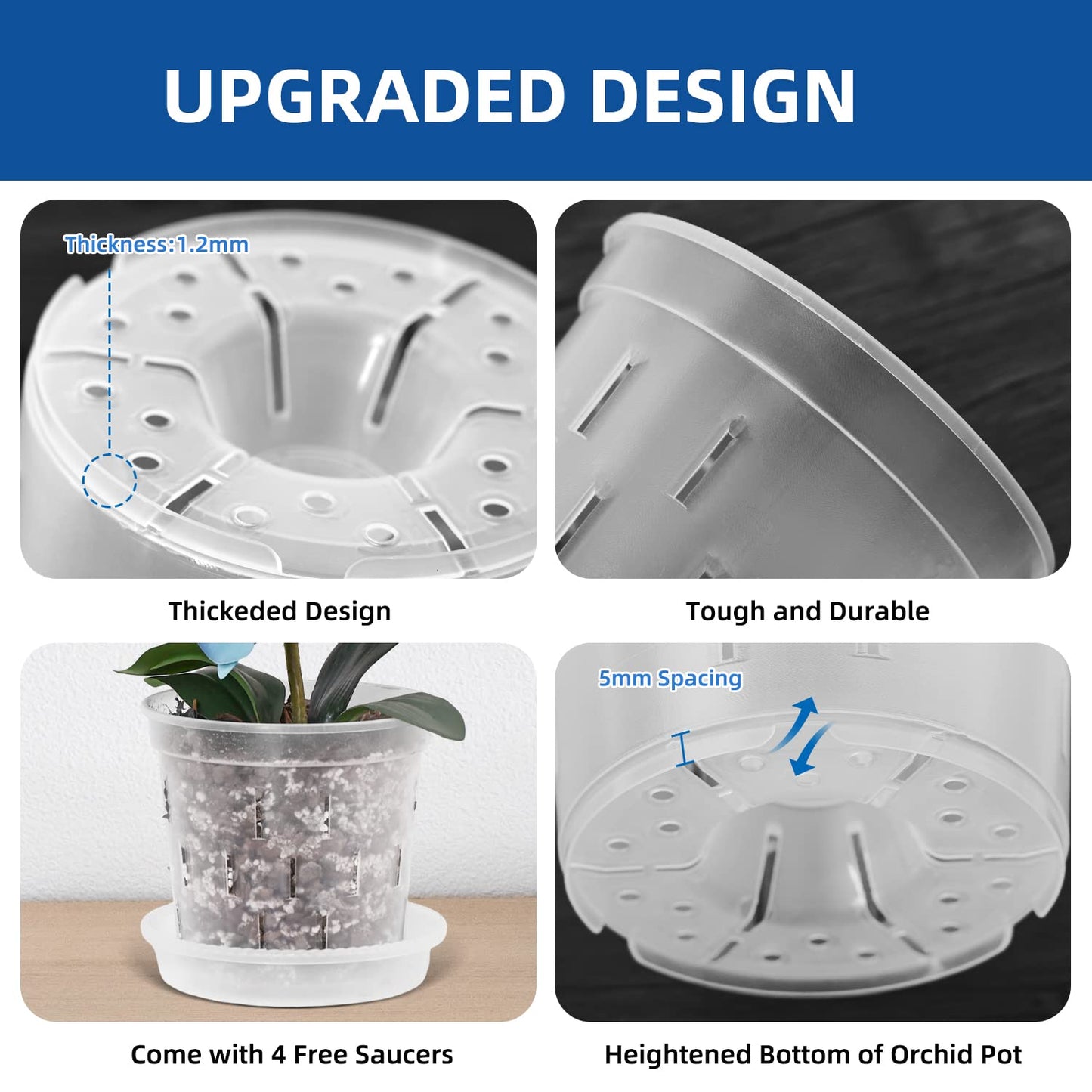 TRUEDAYS 4 Pack Orchid Pot with Saucers Garden Pot 5 Inch Clear Plastic Plant Pots with Drainage Holes for Indoor Outdoor Plants