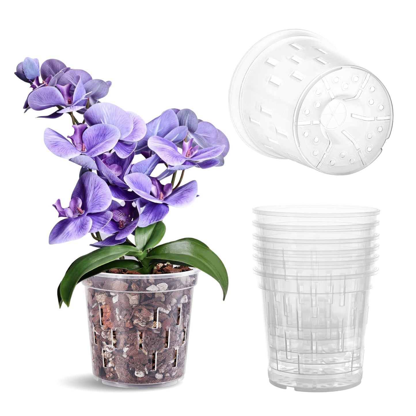 TRUEDAYS 4 Pack Orchid Pot with Saucers Garden Pot 5 Inch Clear Plastic Plant Pots with Drainage Holes for Indoor Outdoor Plants