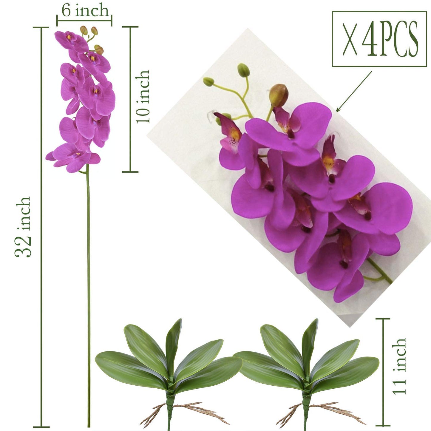FagusHome 32" Artificial Phalaenopsis Flowers 4 Pcs with 2 Bundles Leaves Artificial Orchid Flowers Stem Plants Fake Butterfly Phalaenopsis Flowers for Home Wedding Party Décor (Yellow)