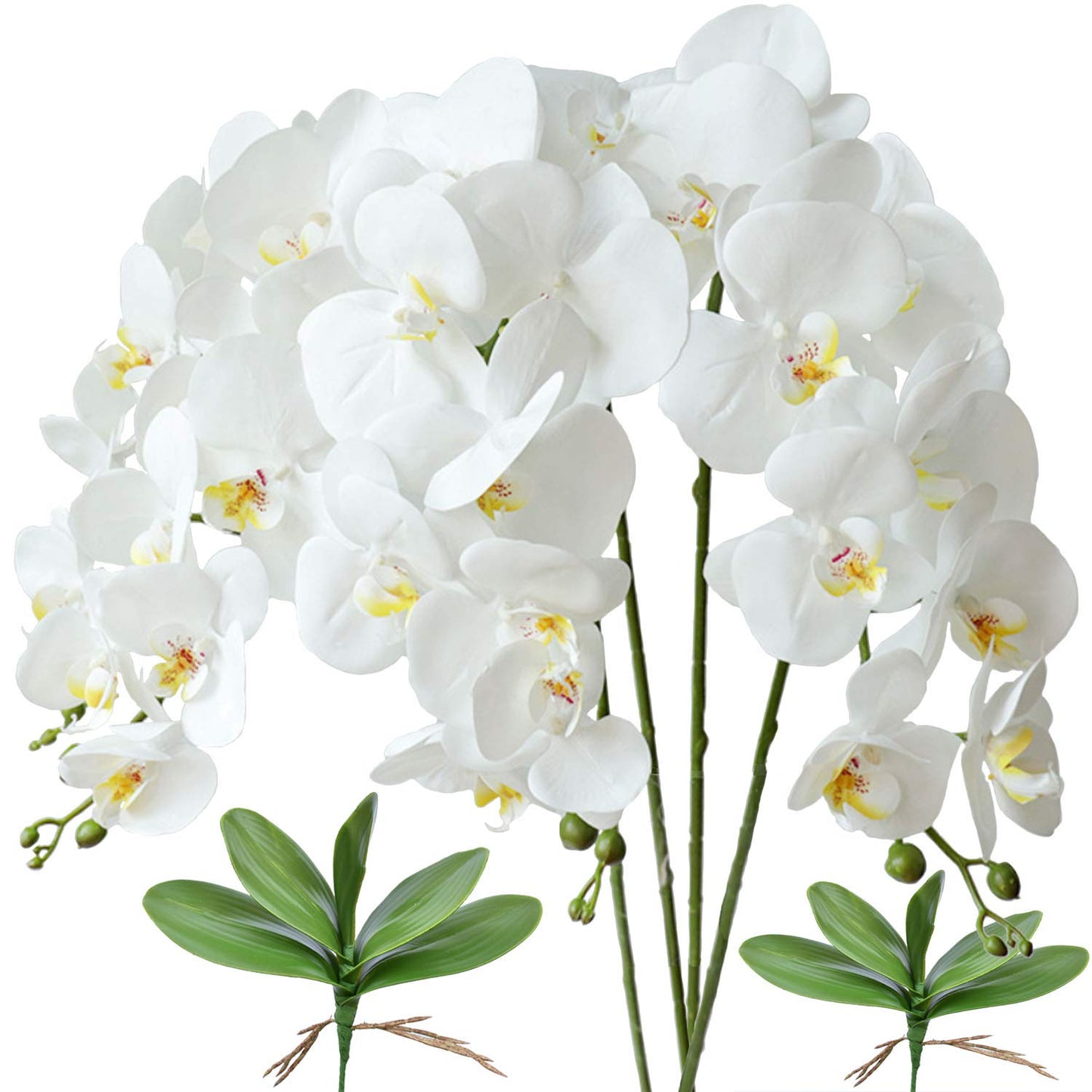 FagusHome 32" Artificial Phalaenopsis Flowers 4 Pcs with 2 Bundles Leaves Artificial Orchid Flowers Stem Plants Fake Butterfly Phalaenopsis Flowers for Home Wedding Party Décor (Yellow)