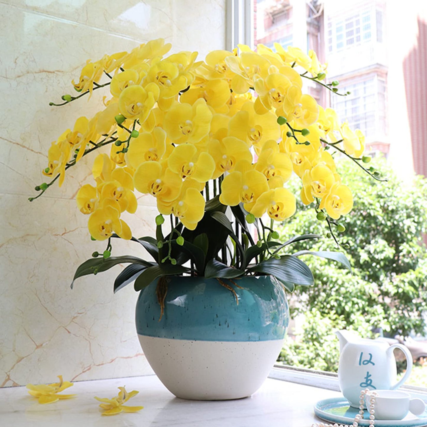 FagusHome 32" Artificial Phalaenopsis Flowers 4 Pcs with 2 Bundles Leaves Artificial Orchid Flowers Stem Plants Fake Butterfly Phalaenopsis Flowers for Home Wedding Party Décor (Yellow)