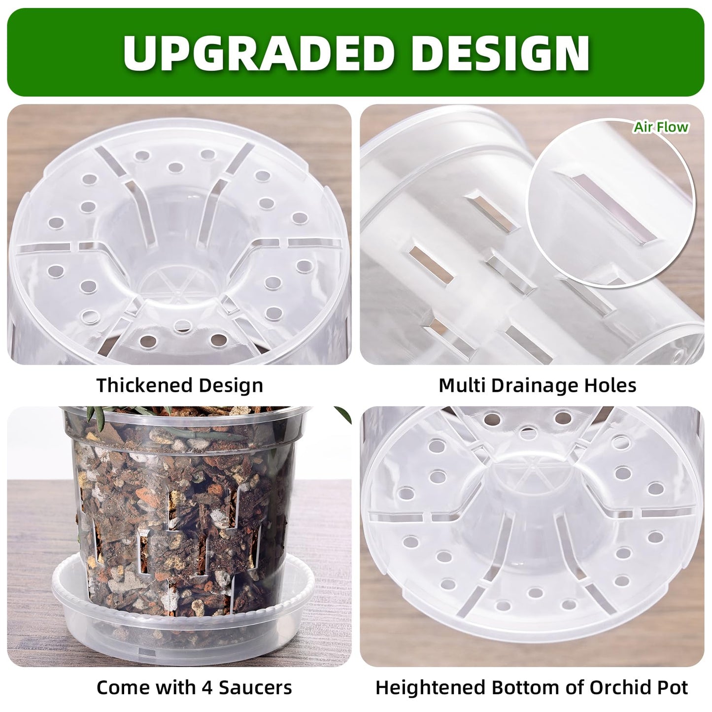 TRUEDAYS 4 Pack Orchid Pot with Saucers Garden Pot 5 Inch Clear Plastic Plant Pots with Drainage Holes for Indoor Outdoor Plants