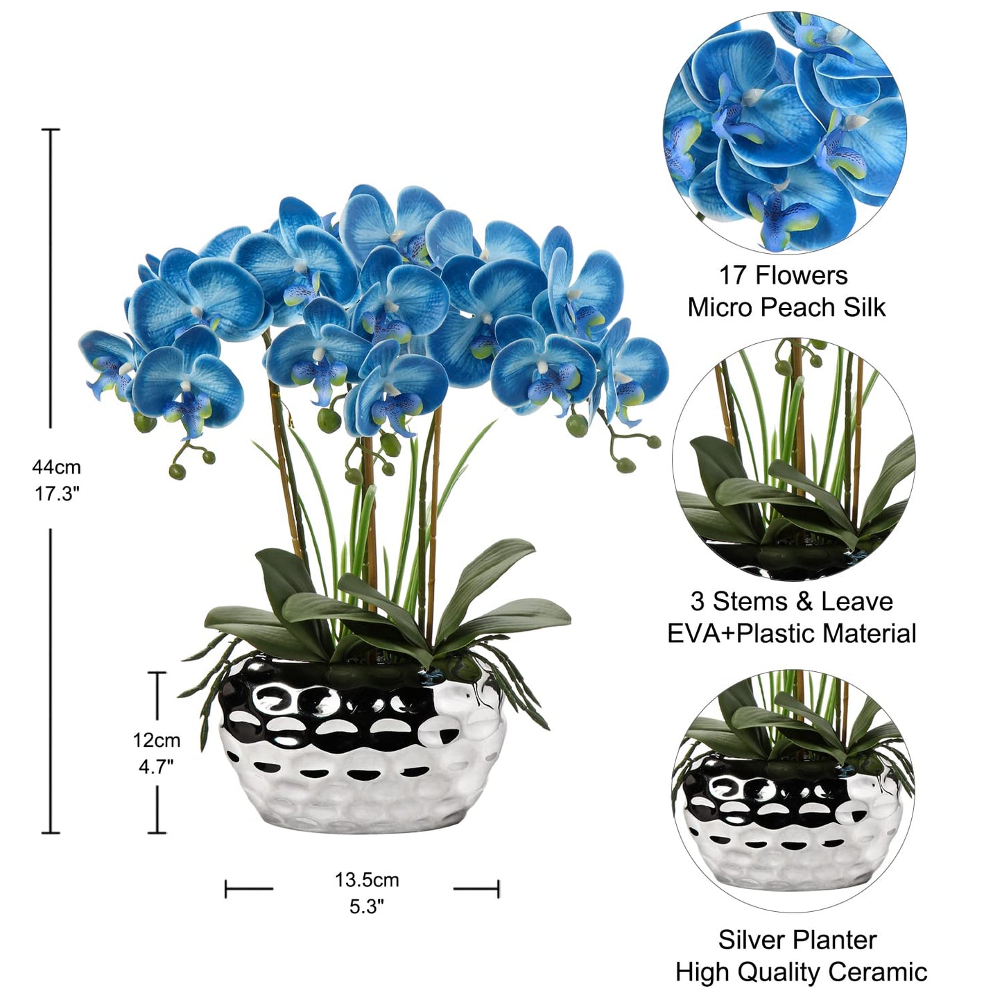 Briful Orchids Artificial Flowers 18" White Phalaenopsis Large Orchid with Silver Ceramic Pots Silk Faux Orchid Arrangement for Home Office Bathroom Living Room Table Decoration