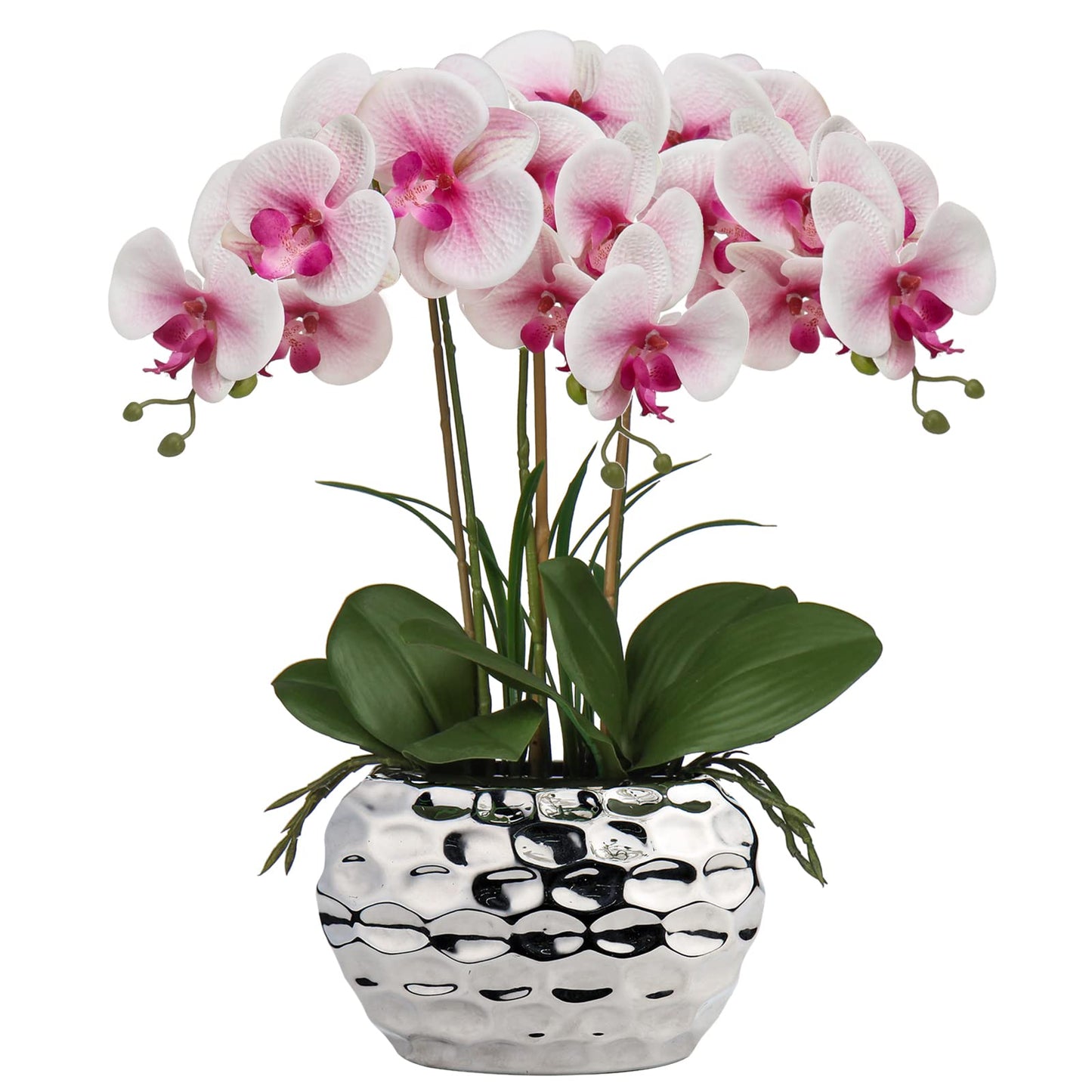 Briful Orchids Artificial Flowers 18" White Phalaenopsis Large Orchid with Silver Ceramic Pots Silk Faux Orchid Arrangement for Home Office Bathroom Living Room Table Decoration