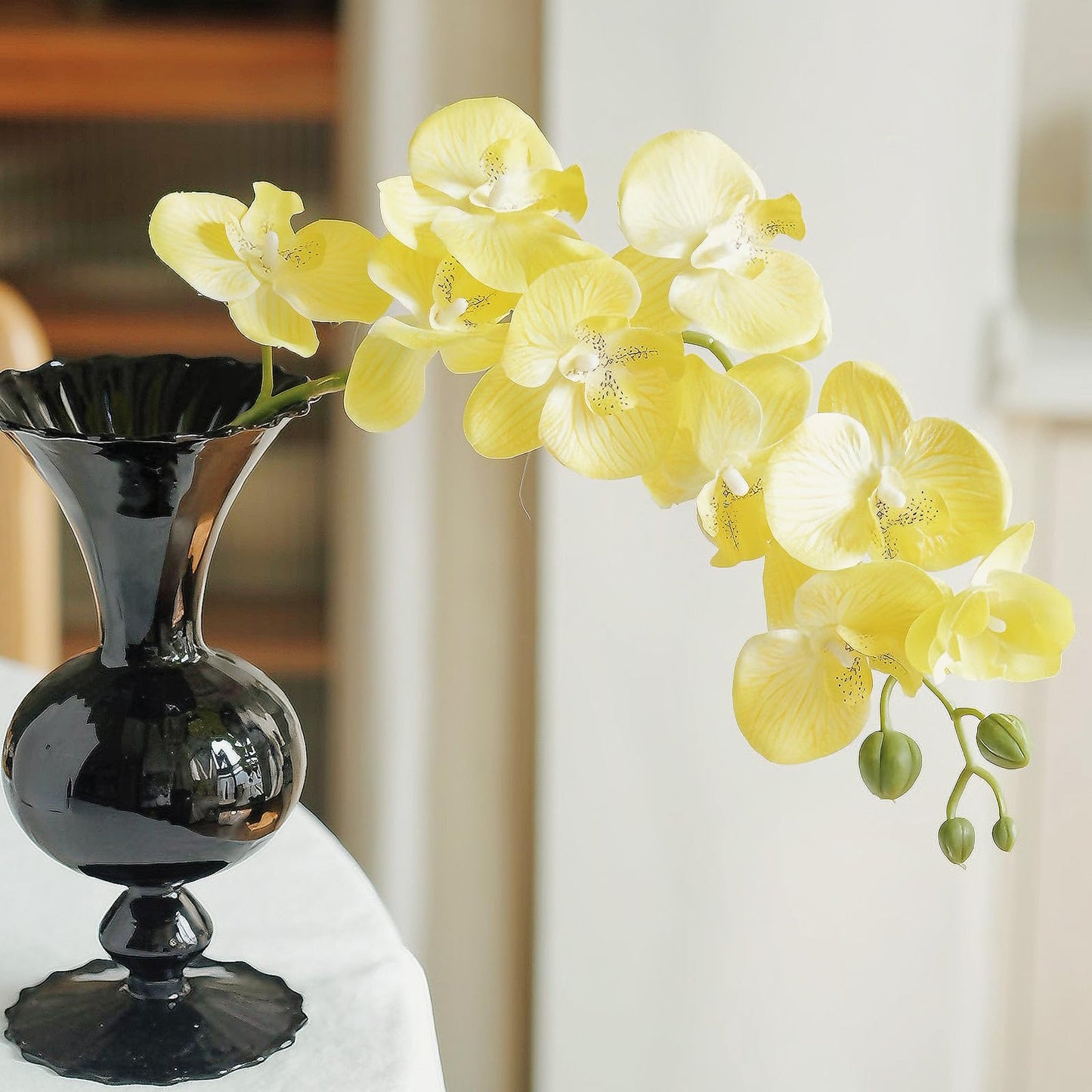 JEVA 1pack Artificial Orchid Flower Artificial Yellow Phalaenopsis Orchid Flower Arrangements Faux Orchid Flower in Gold Pot Orchid Centerpiece for Dining Room Table