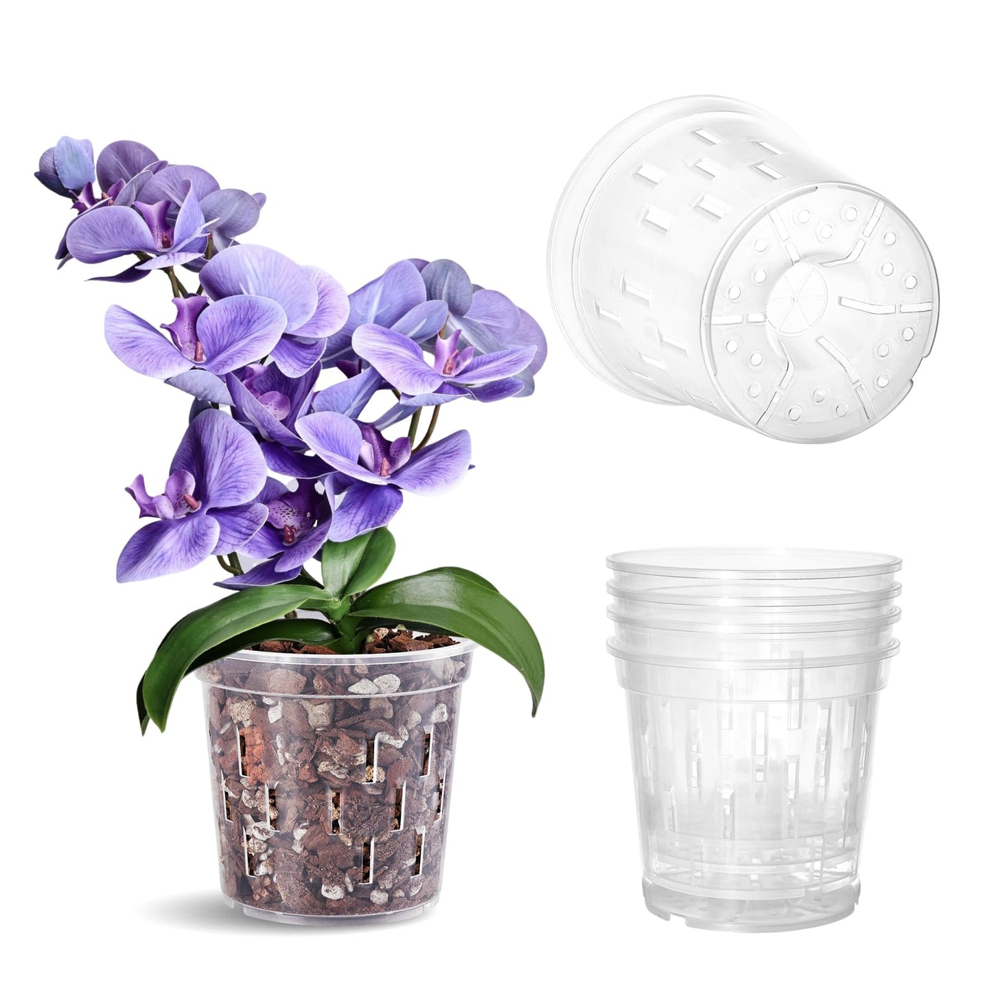 TRUEDAYS 4 Pack Orchid Pot with Saucers Garden Pot 5 Inch Clear Plastic Plant Pots with Drainage Holes for Indoor Outdoor Plants