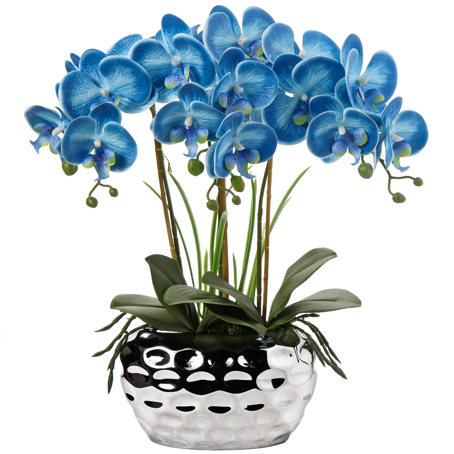 Briful Orchids Artificial Flowers 18" White Phalaenopsis Large Orchid with Silver Ceramic Pots Silk Faux Orchid Arrangement for Home Office Bathroom Living Room Table Decoration