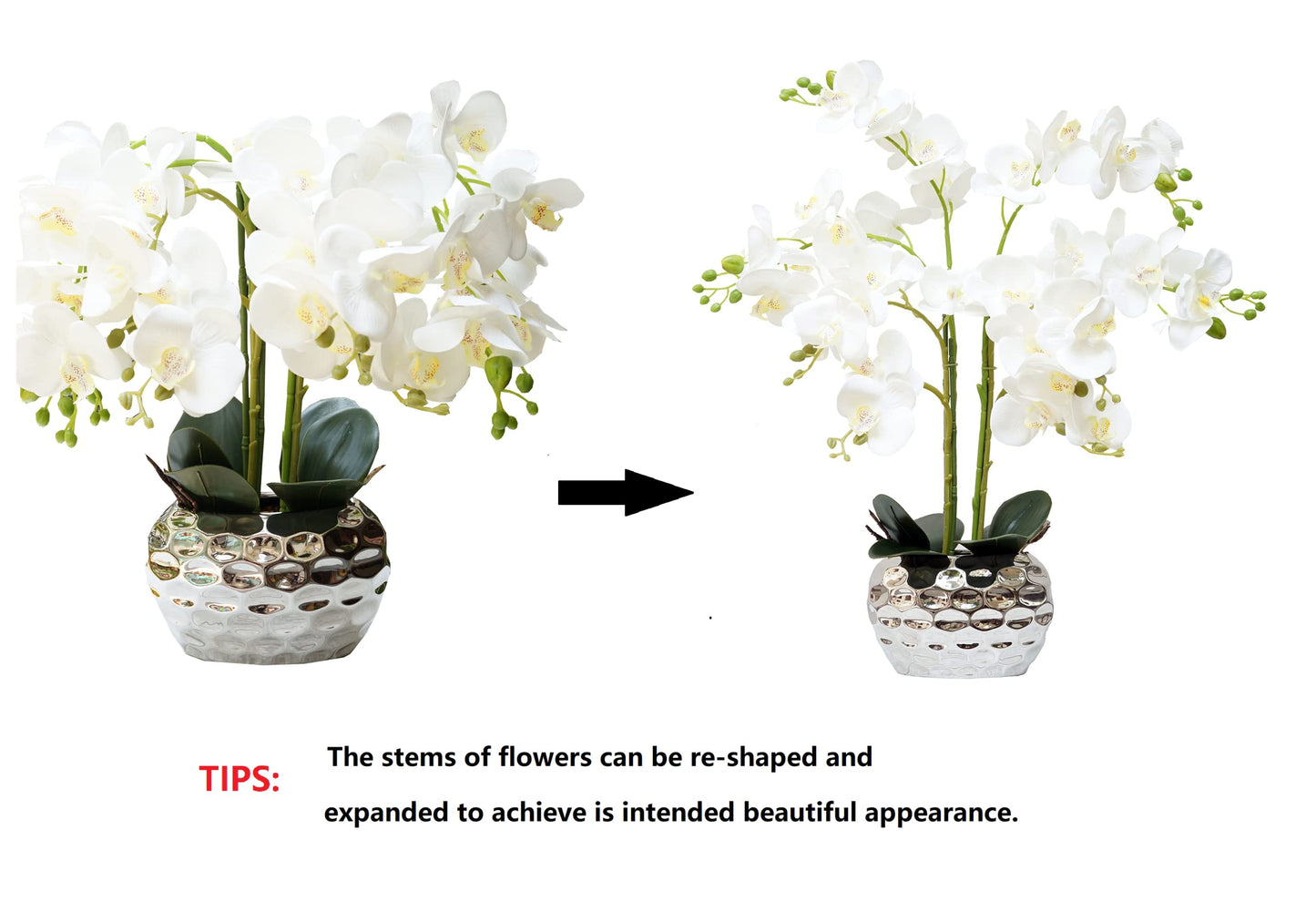 Orchid Artificial Flowers for Home Decor, Faux Orchids with Silver Vase Phalaenopsis Fake Flowers Real Touch Flowers Plants White Orquideas Arrangements in Pot Table Centerpiece Decoration